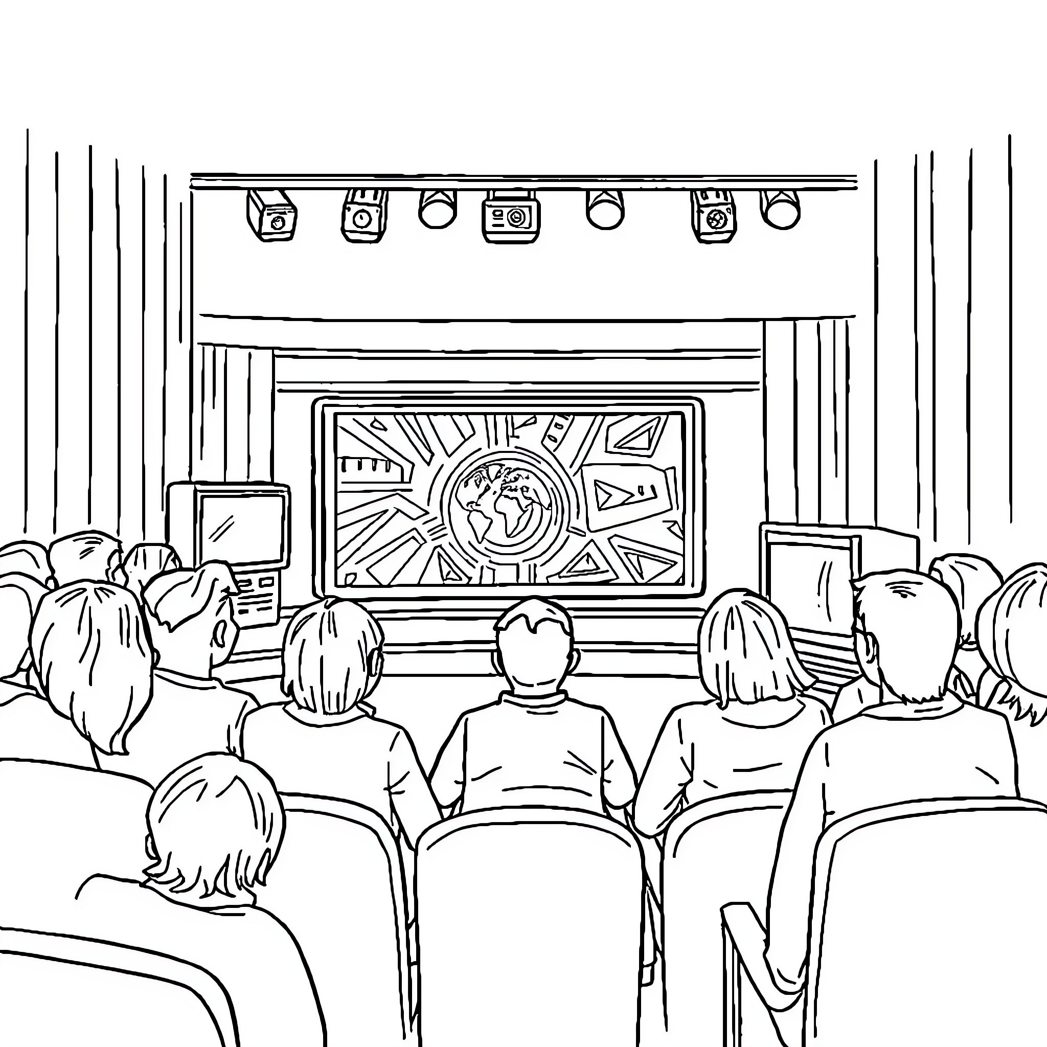 Panic in the Theater: Audience Captivated by Spectacle Coloring Page (free black-and-white line drawing printable PDF for all, from beginners to advanced learners, including children, teens, adults, and seniors)