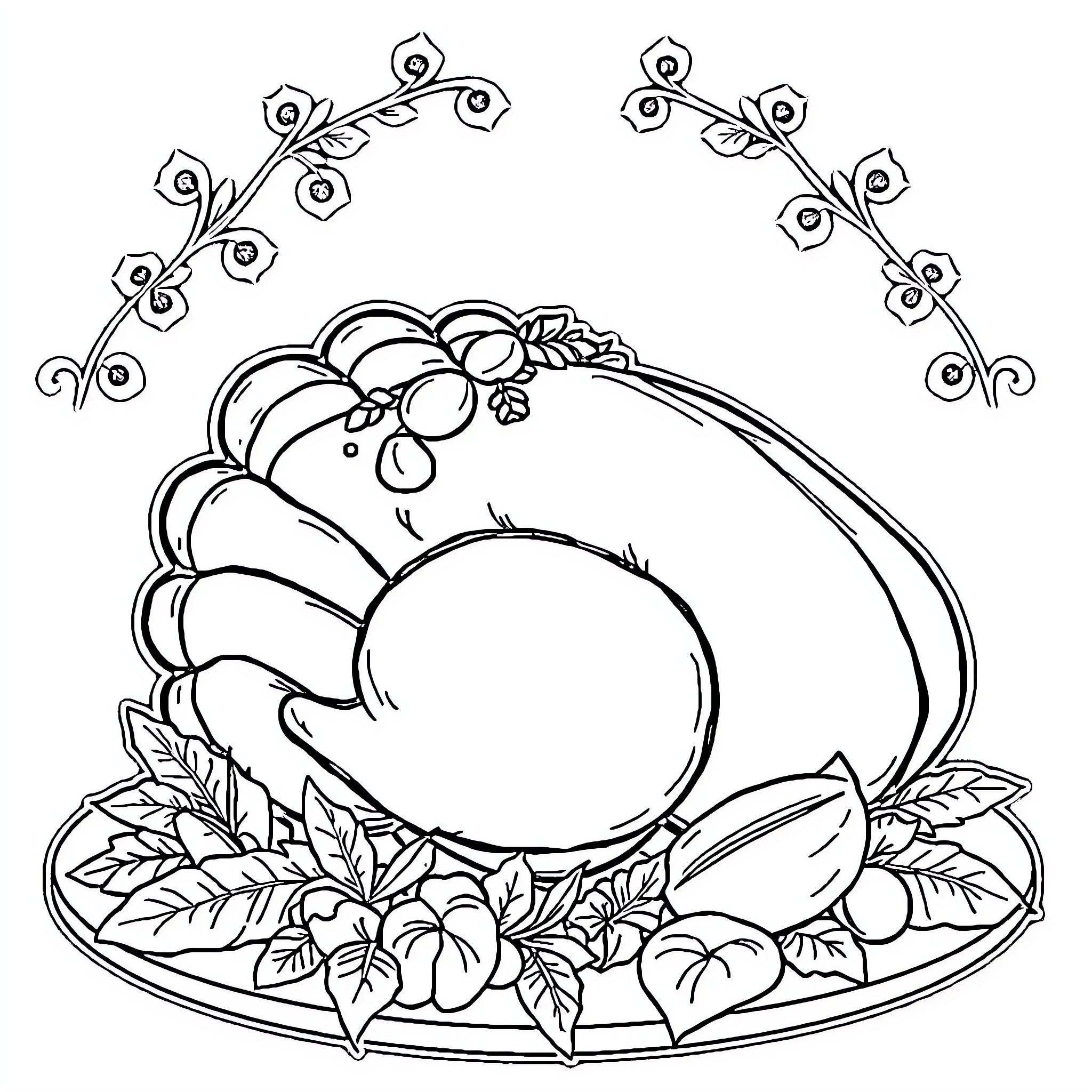 Turkey surrounded by seasonal decorations Coloring Page (free black-and-white line drawing printable PDF for all, from beginners to advanced learners, including children, teens, adults, and seniors)