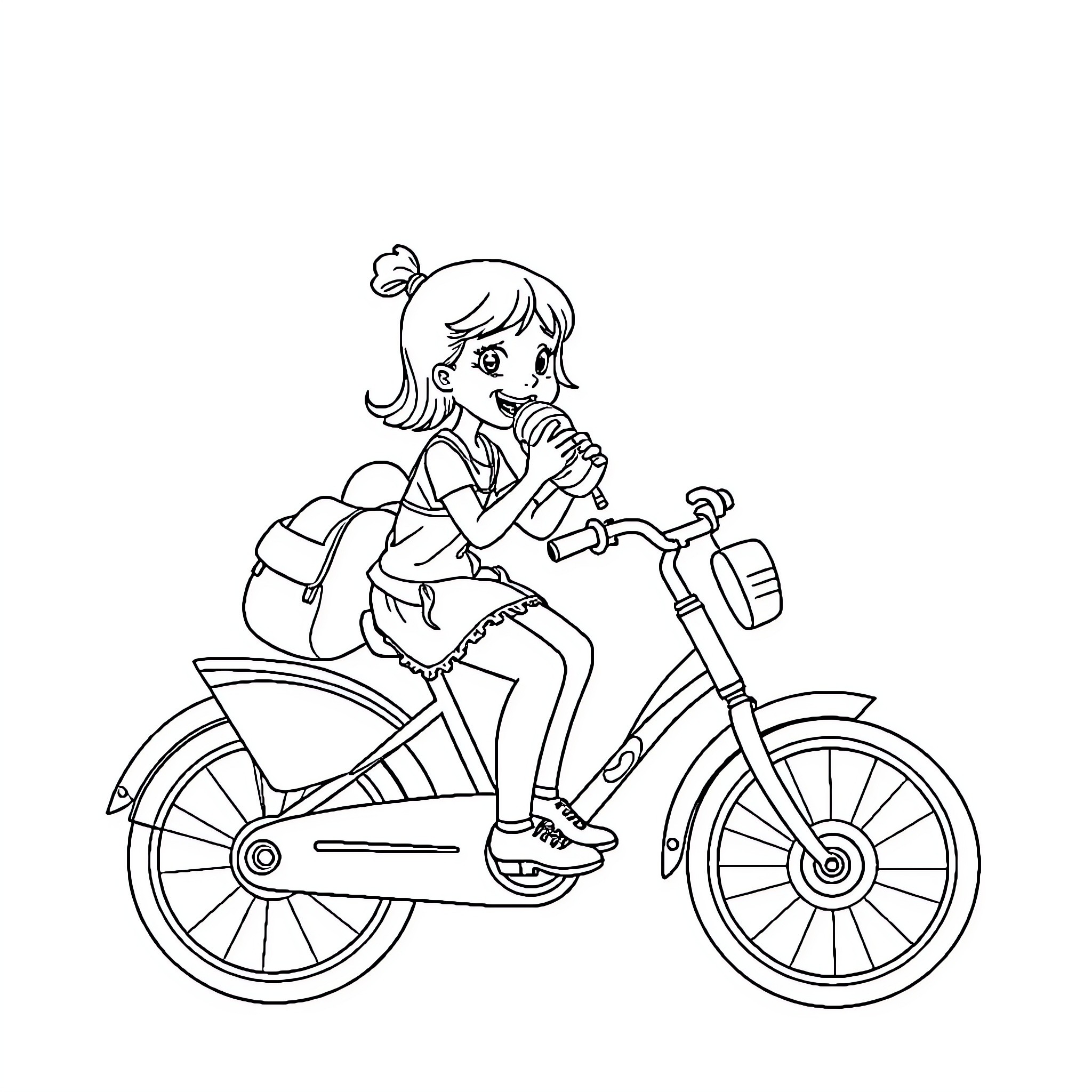 Girl riding bicycle with backpack Coloring Page (free black-and-white line drawing printable PDF for all, from beginners to advanced learners, including children, teens, adults, and seniors)