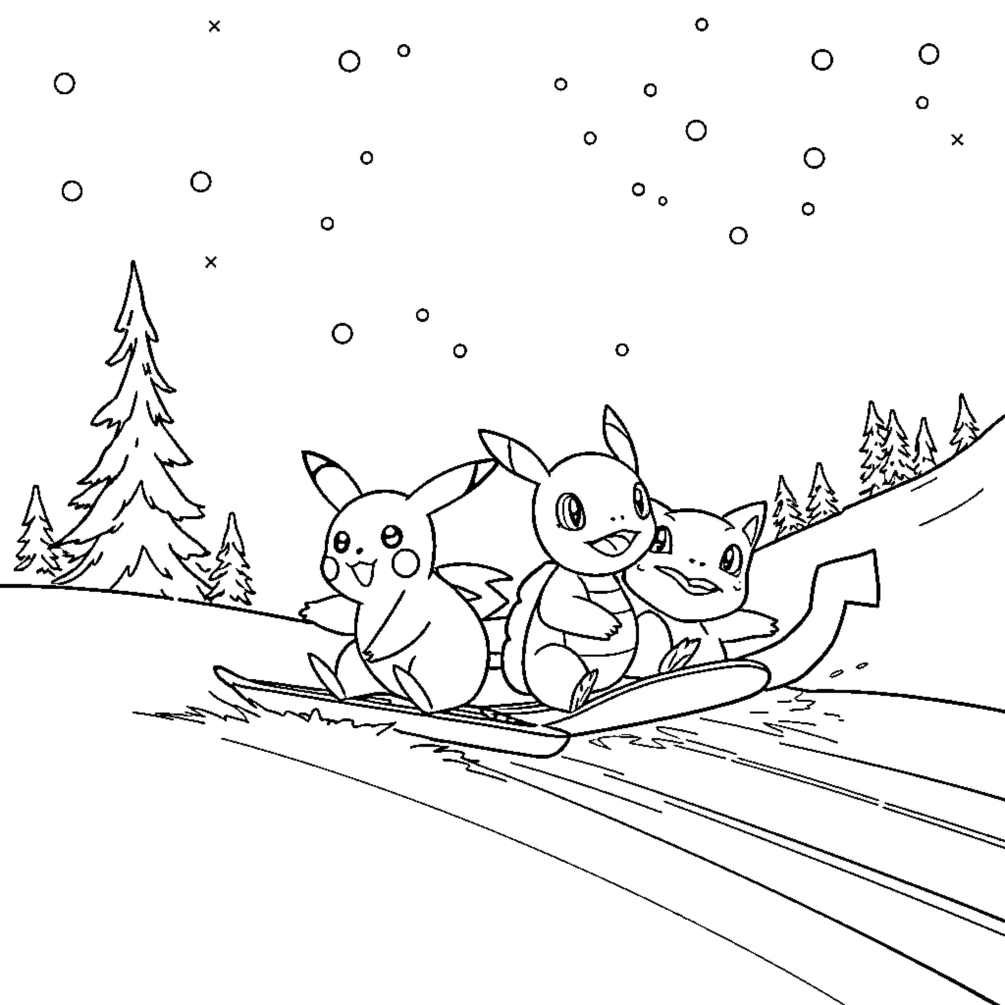 Pokémon Trio Sledding Through the Snowy Forest Coloring Page (free black-and-white line drawing printable PDF for all, from beginners to advanced learners, including children, teens, adults, and seniors)