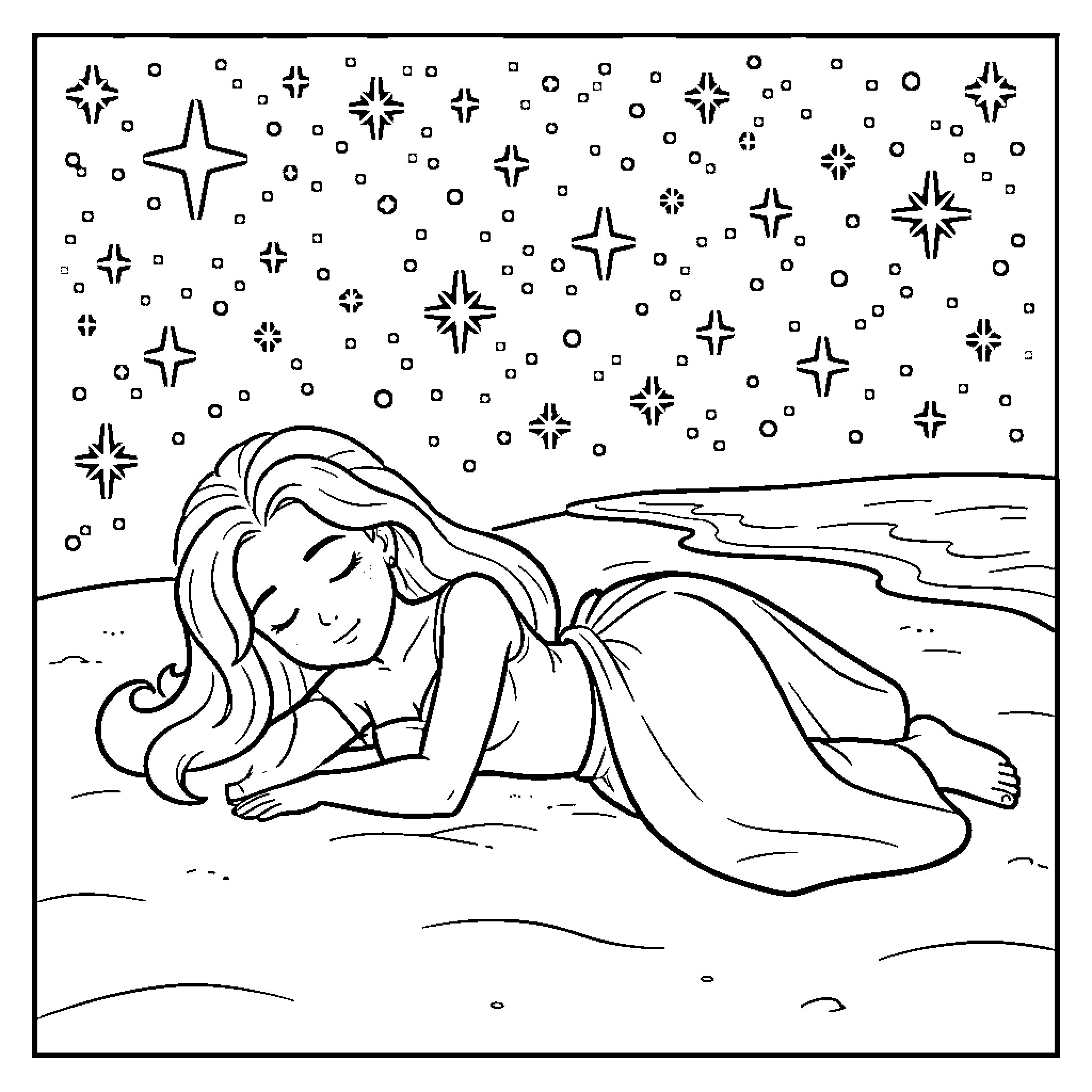 Raiponce peacefully sleeping under a starry night sky Coloring Page (free black-and-white line drawing printable PDF for all, from beginners to advanced learners, including children, teens, adults, and seniors)