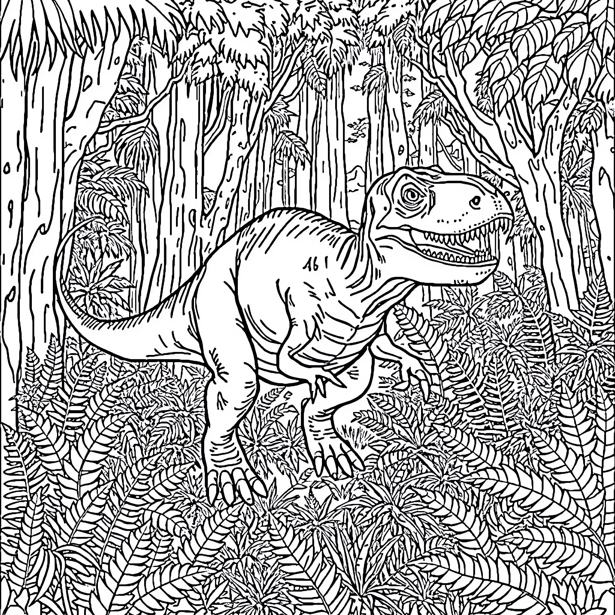 Tyrannosaurus Rex roaming through the prehistoric forest Coloring Page (free black-and-white line drawing printable PDF for all, from beginners to advanced learners, including children, teens, adults, and seniors)