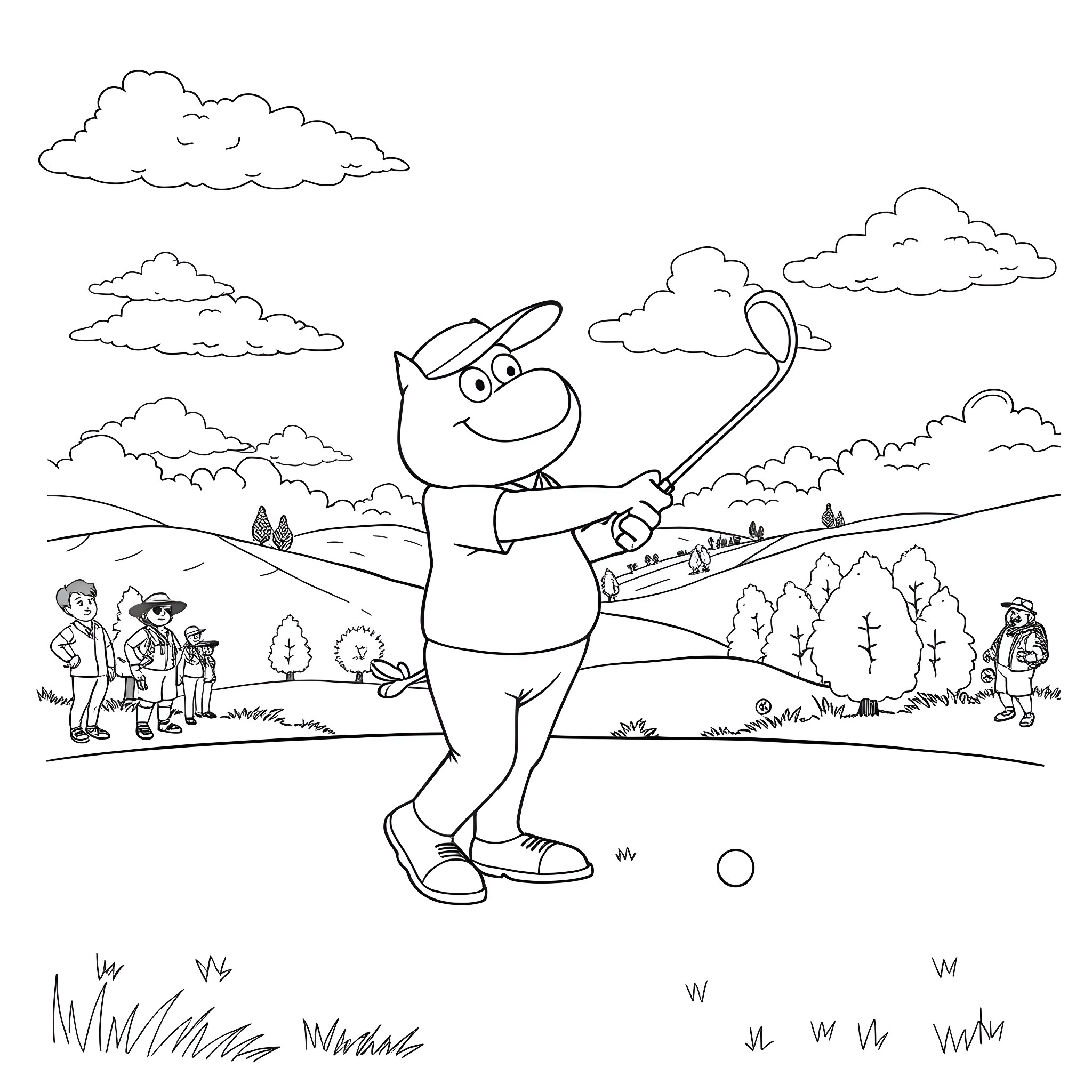 Stewie Griffin playing golf in the countryside Coloring Page (free black-and-white line drawing printable PDF for all, from beginners to advanced learners, including children, teens, adults, and seniors)