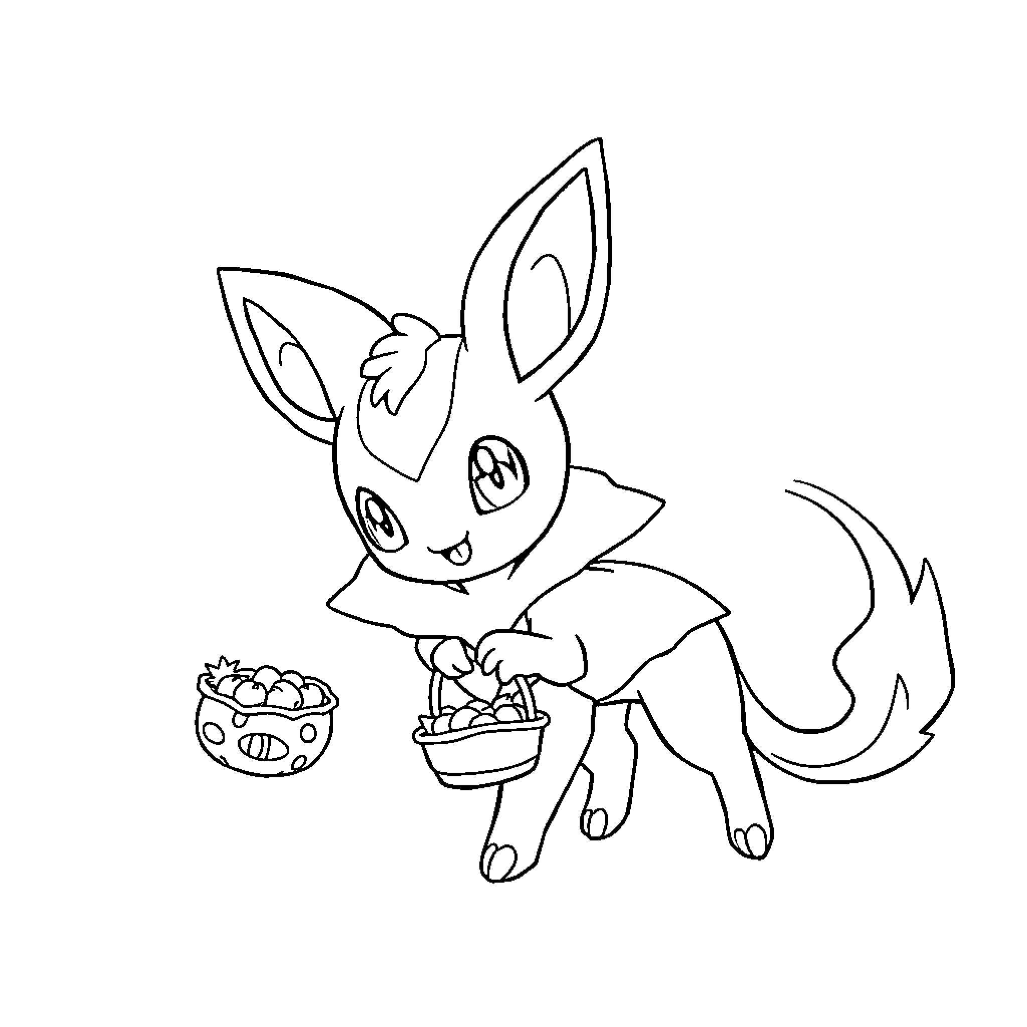 Espeon collecting berries in a basket Coloring Page (free black-and-white line drawing printable PDF for all, from beginners to advanced learners, including children, teens, adults, and seniors)