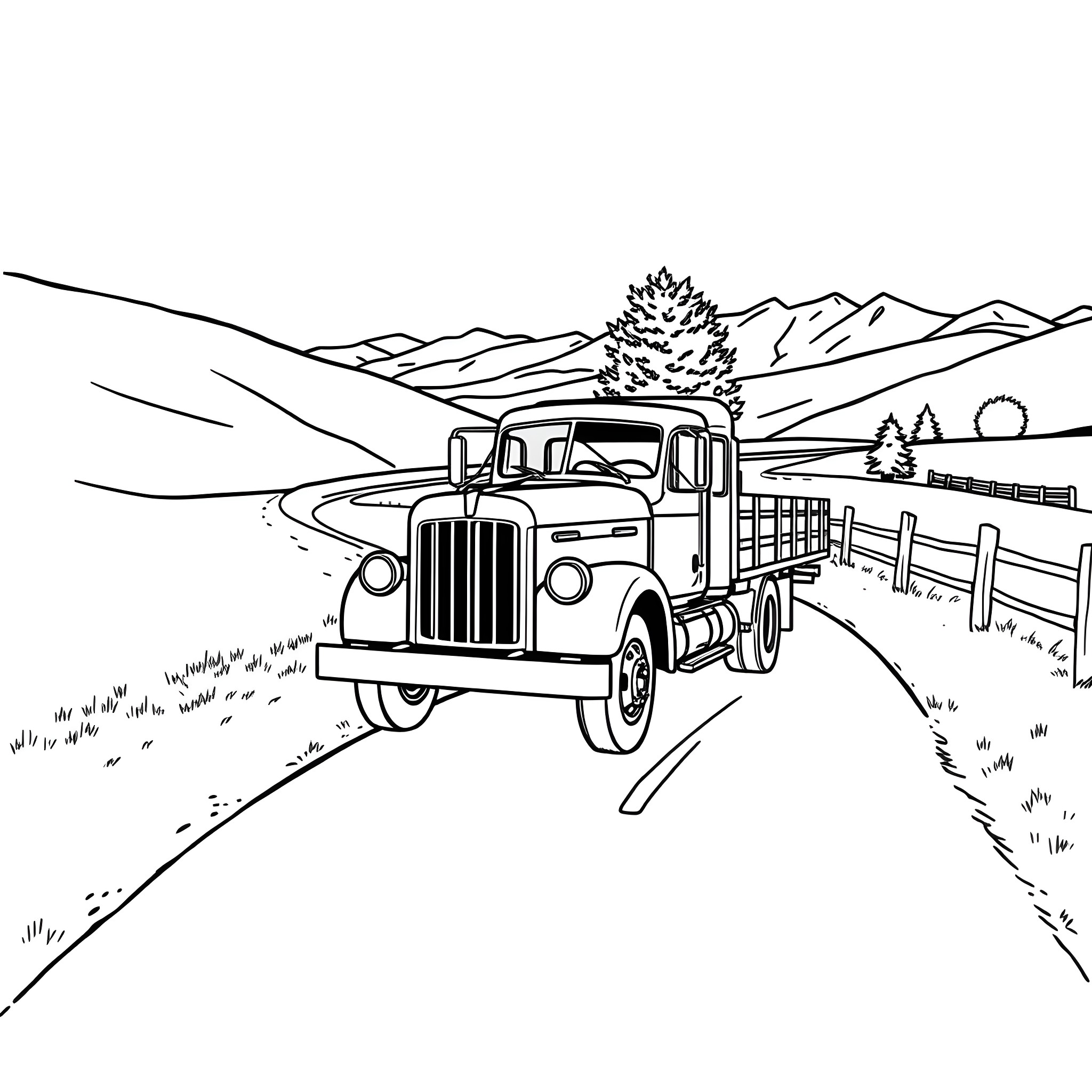 Flatbed truck traversing mountain road Coloring Page (free black-and-white line drawing printable PDF for all, from beginners to advanced learners, including children, teens, adults, and seniors)