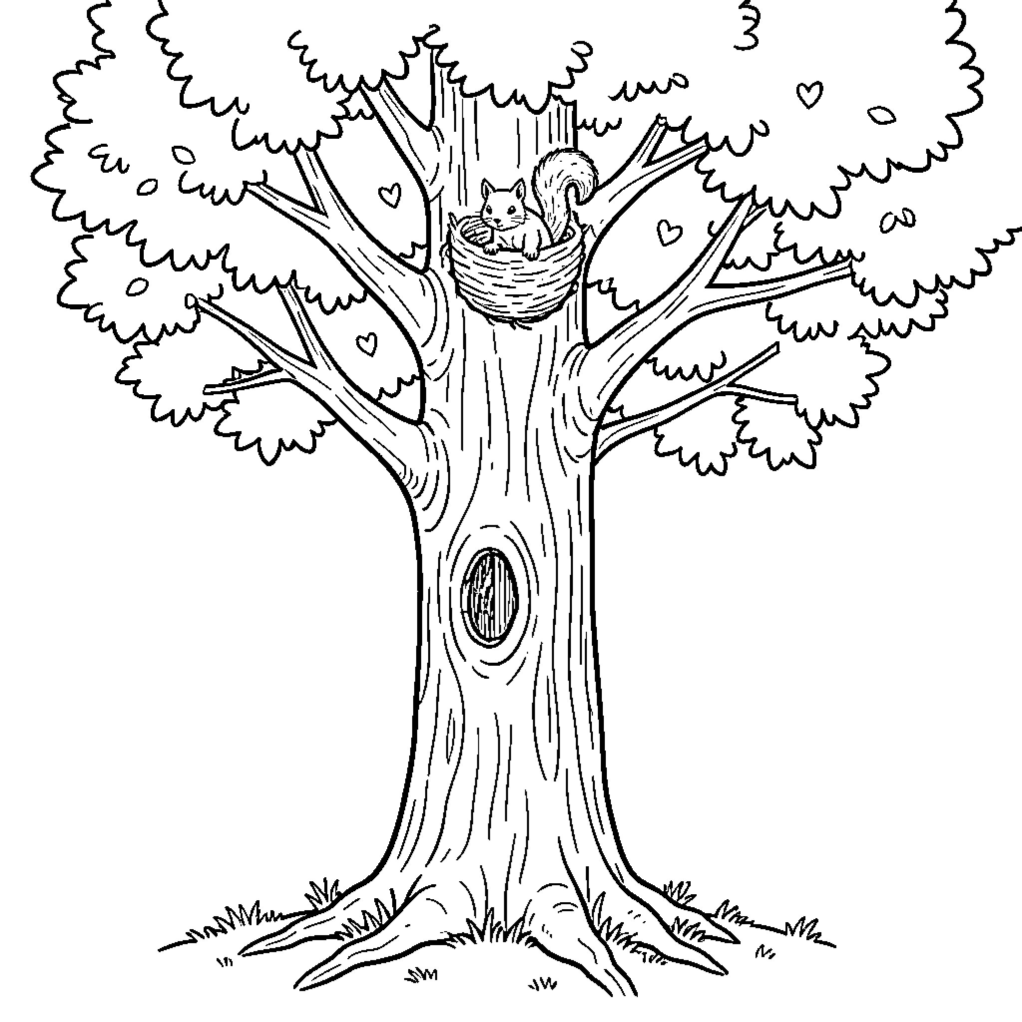 Tree with a squirrel resting in its nest Coloring Page (free black-and-white line drawing printable PDF for all, from beginners to advanced learners, including children, teens, adults, and seniors)