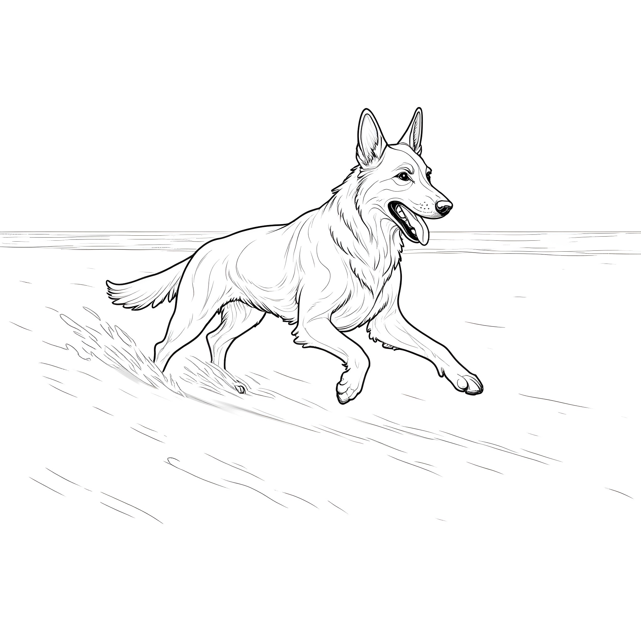 German Shepherd running playfully on the beach Coloring Page (free black-and-white line drawing printable PDF for all, from beginners to advanced learners, including children, teens, adults, and seniors)