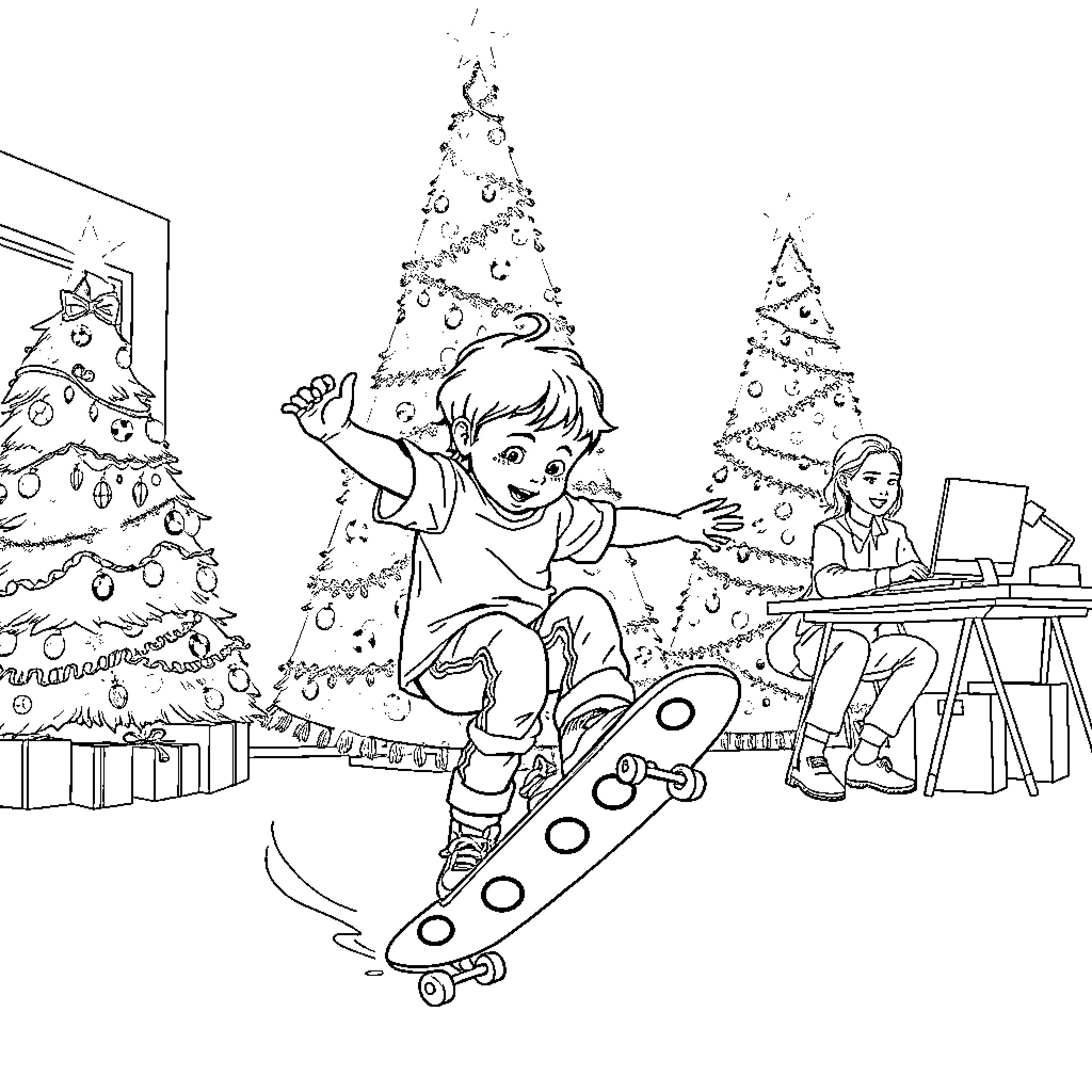 Skateboard enthusiast enjoying holiday festivities Coloring Page (free black-and-white line drawing printable PDF for all, from beginners to advanced learners, including children, teens, adults, and seniors)