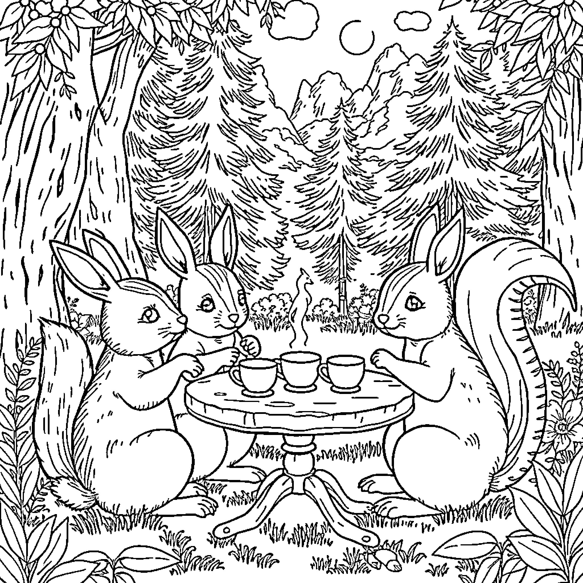 Woodland Creature Enjoying a Tea Party in the Forest Coloring Page (free black-and-white line drawing printable PDF for all, from beginners to advanced learners, including children, teens, adults, and seniors)