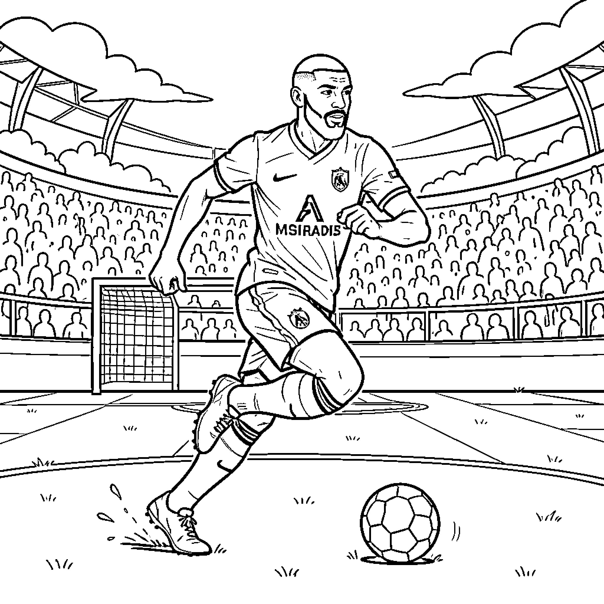 Mbappe dribbling a soccer ball in a stadium Coloring Page (free black-and-white line drawing printable PDF for all, from beginners to advanced learners, including children, teens, adults, and seniors)