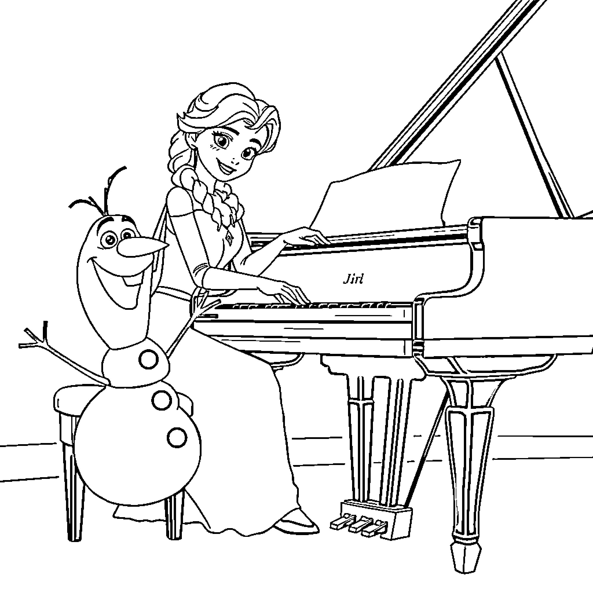 Elsa playing piano with Olaf Coloring Page (free black-and-white line drawing printable PDF for all, from beginners to advanced learners, including children, teens, adults, and seniors)