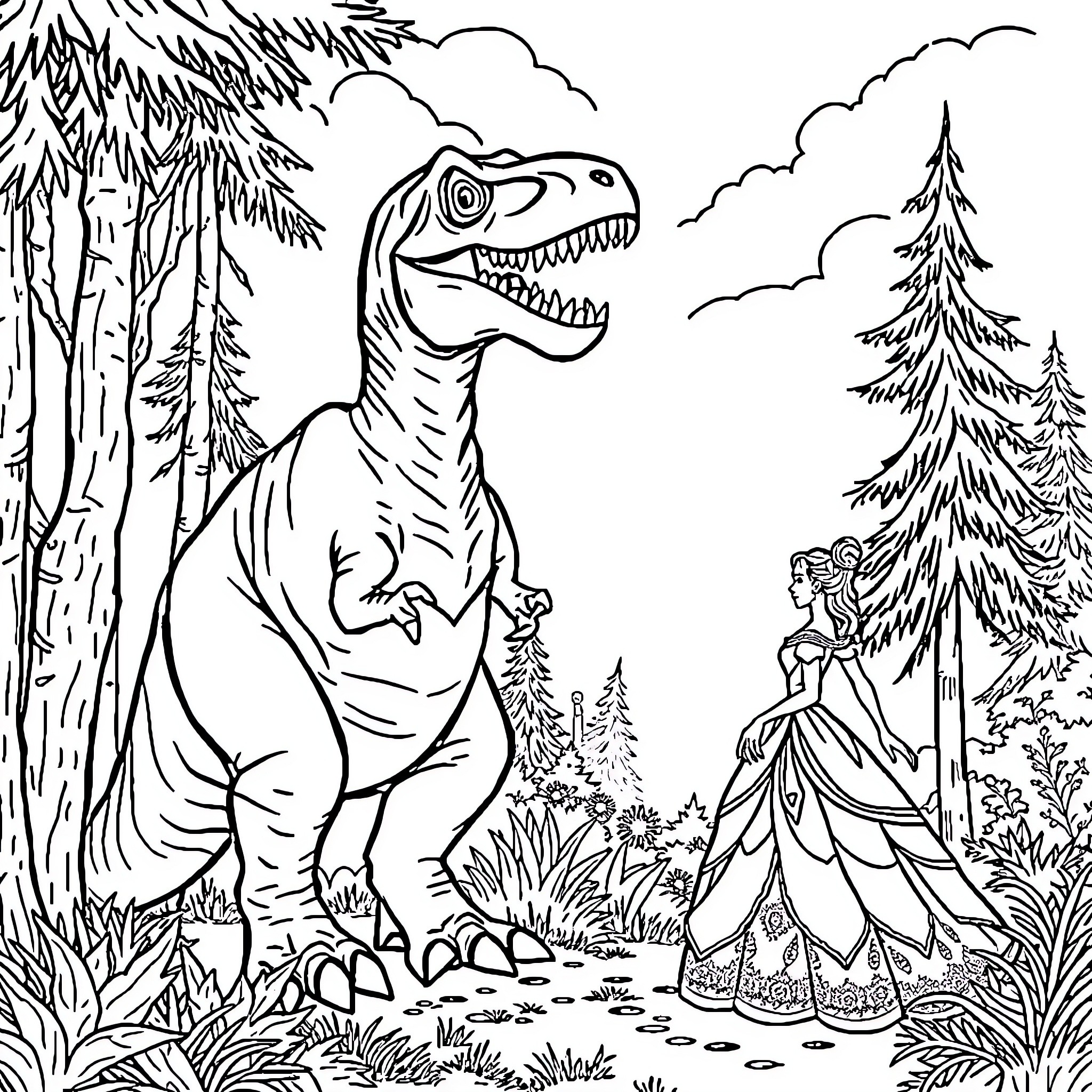 T-Rex Encounter with a Regal Princess in the Forest Coloring Page (free black-and-white line drawing printable PDF for all, from beginners to advanced learners, including children, teens, adults, and seniors)