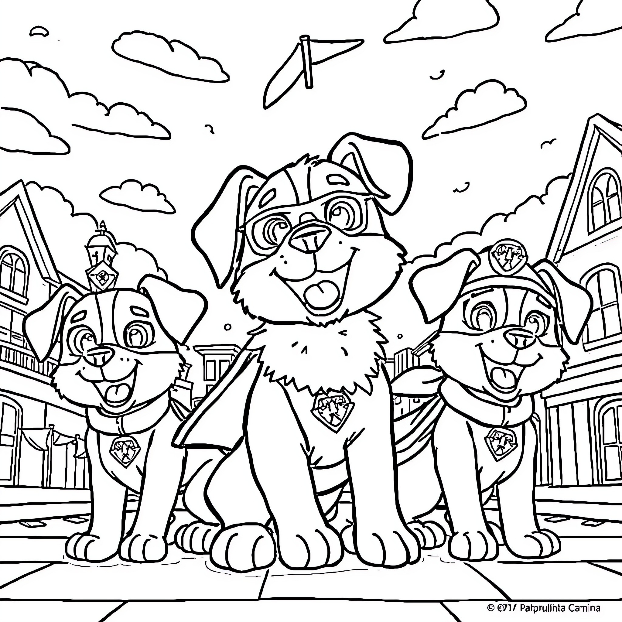 Paw Patrol characters in an adventure scene Coloring Page (free black-and-white line drawing printable PDF for all, from beginners to advanced learners, including children, teens, adults, and seniors)