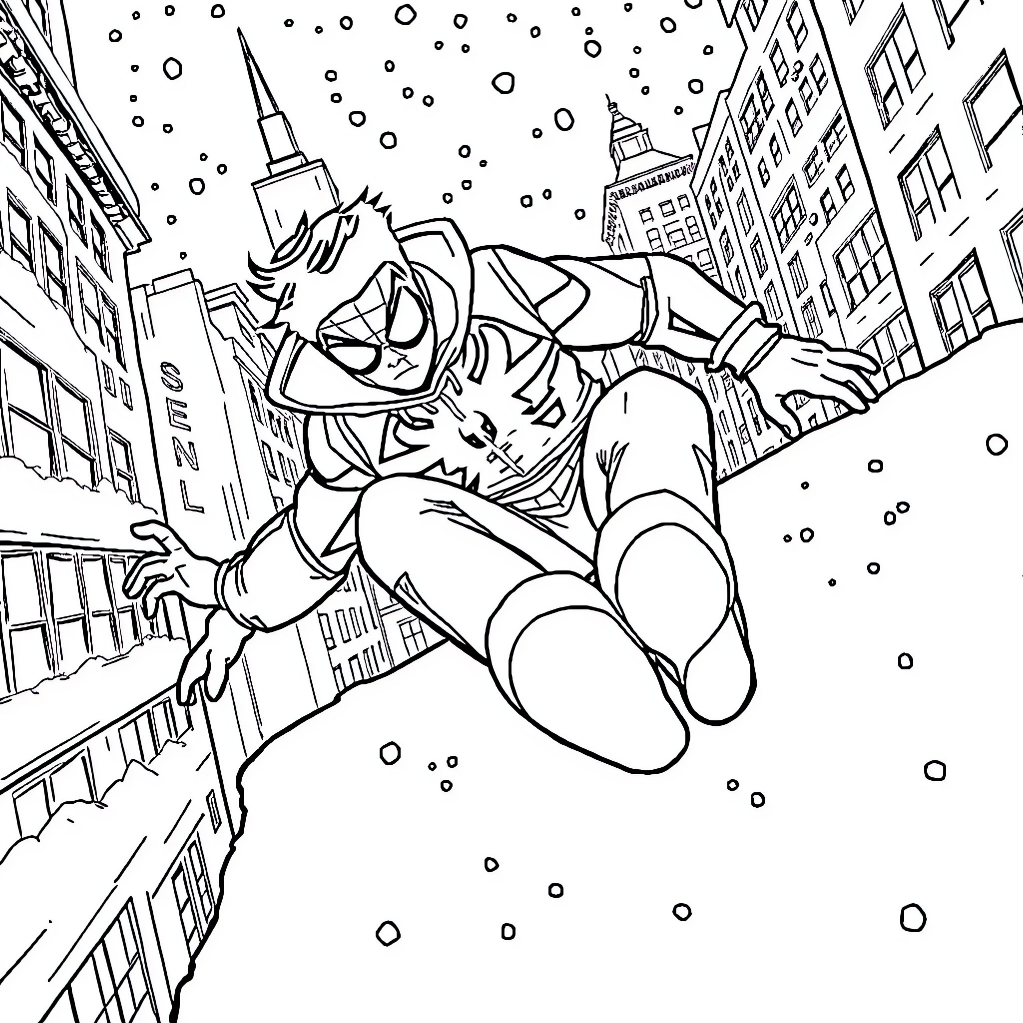 Miles Morales swinging through the city streets Coloring Page (free black-and-white line drawing printable PDF for all, from beginners to advanced learners, including children, teens, adults, and seniors)