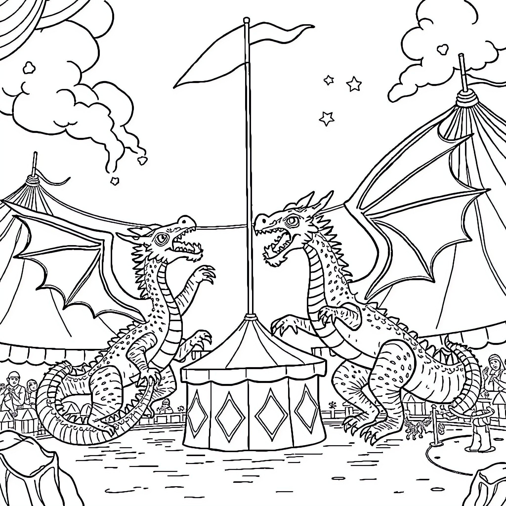 Dragons battling amidst a fantastical circus Coloring Page (free black-and-white line drawing printable PDF for all, from beginners to advanced learners, including children, teens, adults, and seniors)