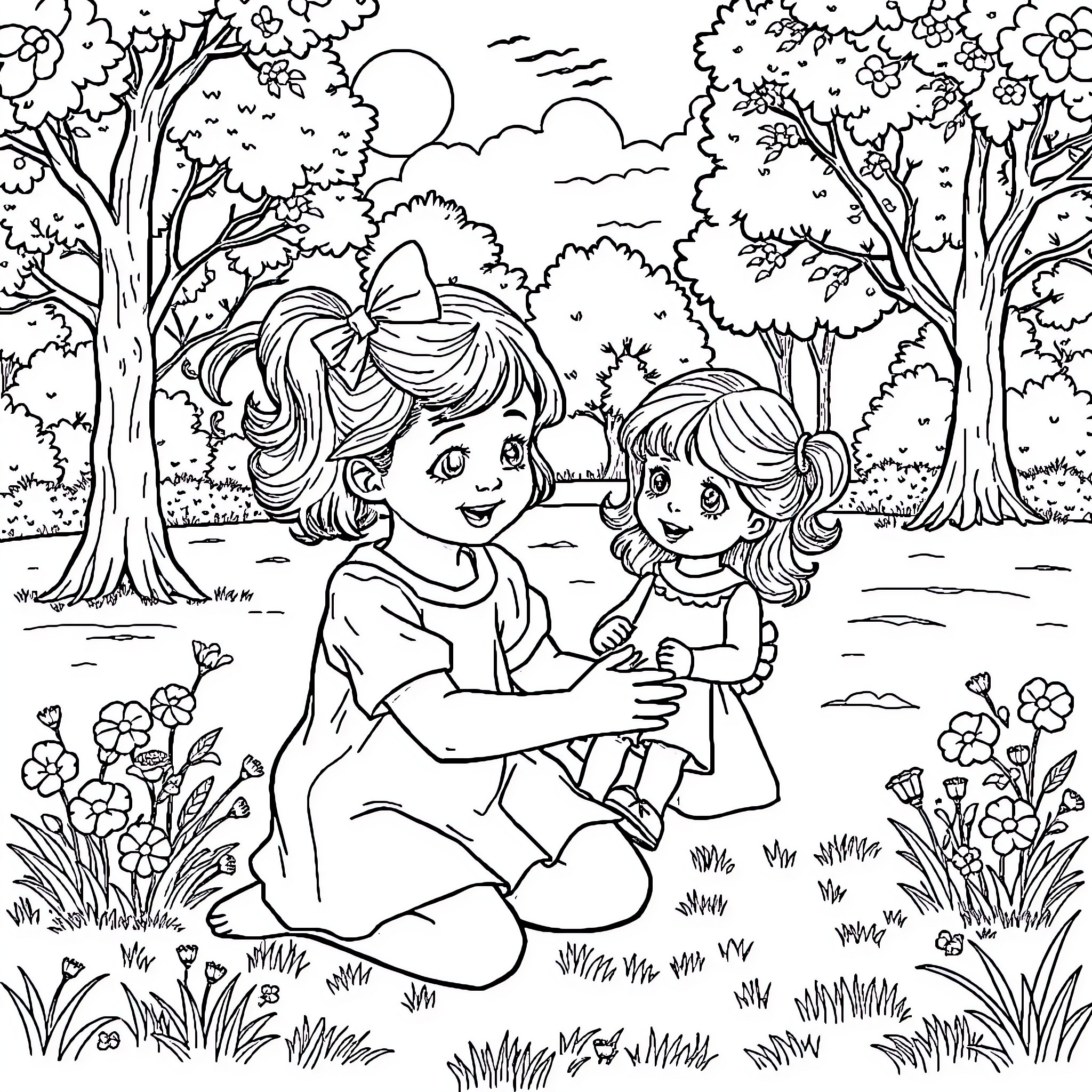 Girls playing happily in the garden Coloring Page (free black-and-white line drawing printable PDF for all, from beginners to advanced learners, including children, teens, adults, and seniors)