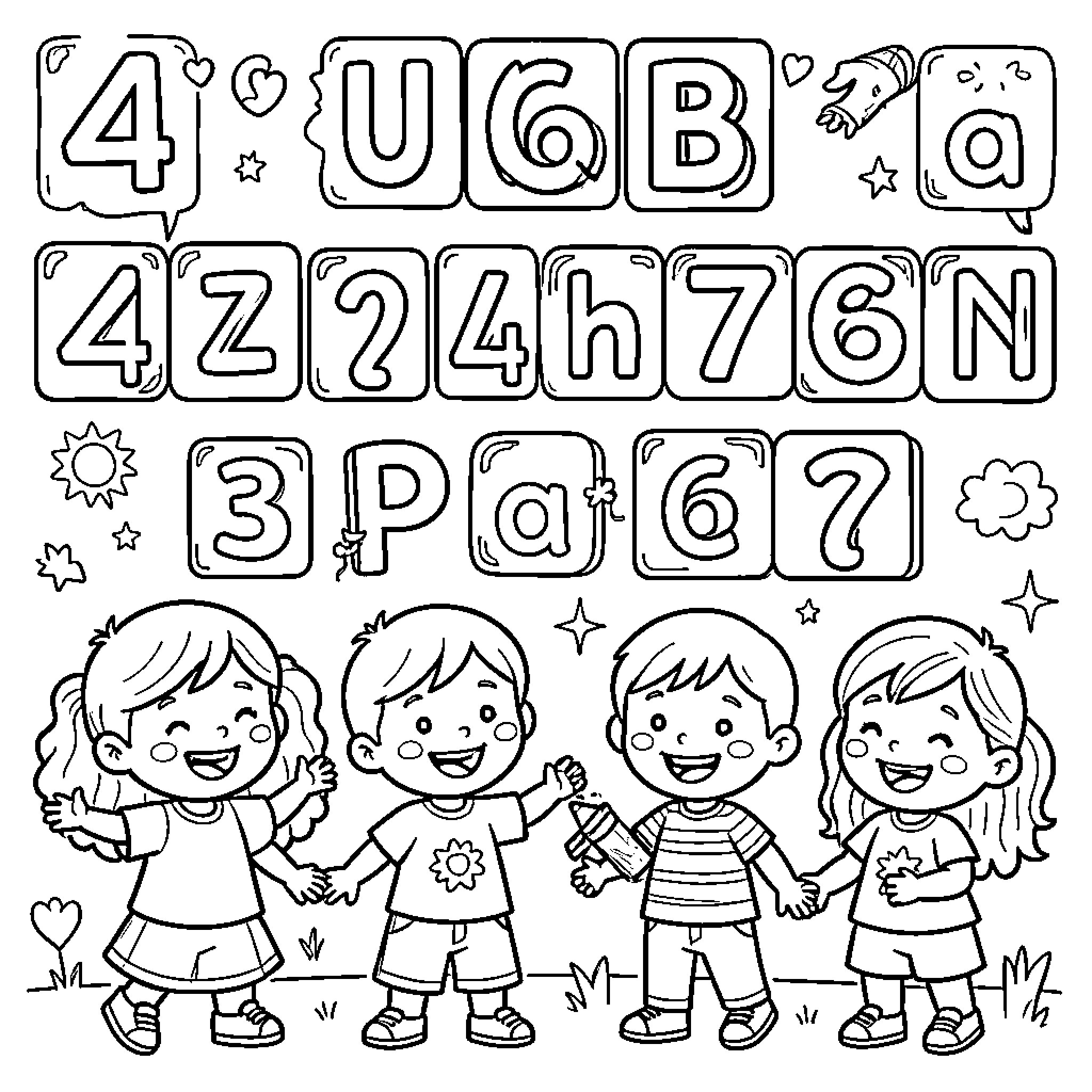 Number 4 Alphabet and Kids Coloring Page Coloring Page (free black-and-white line drawing printable PDF for all, from beginners to advanced learners, including children, teens, adults, and seniors)