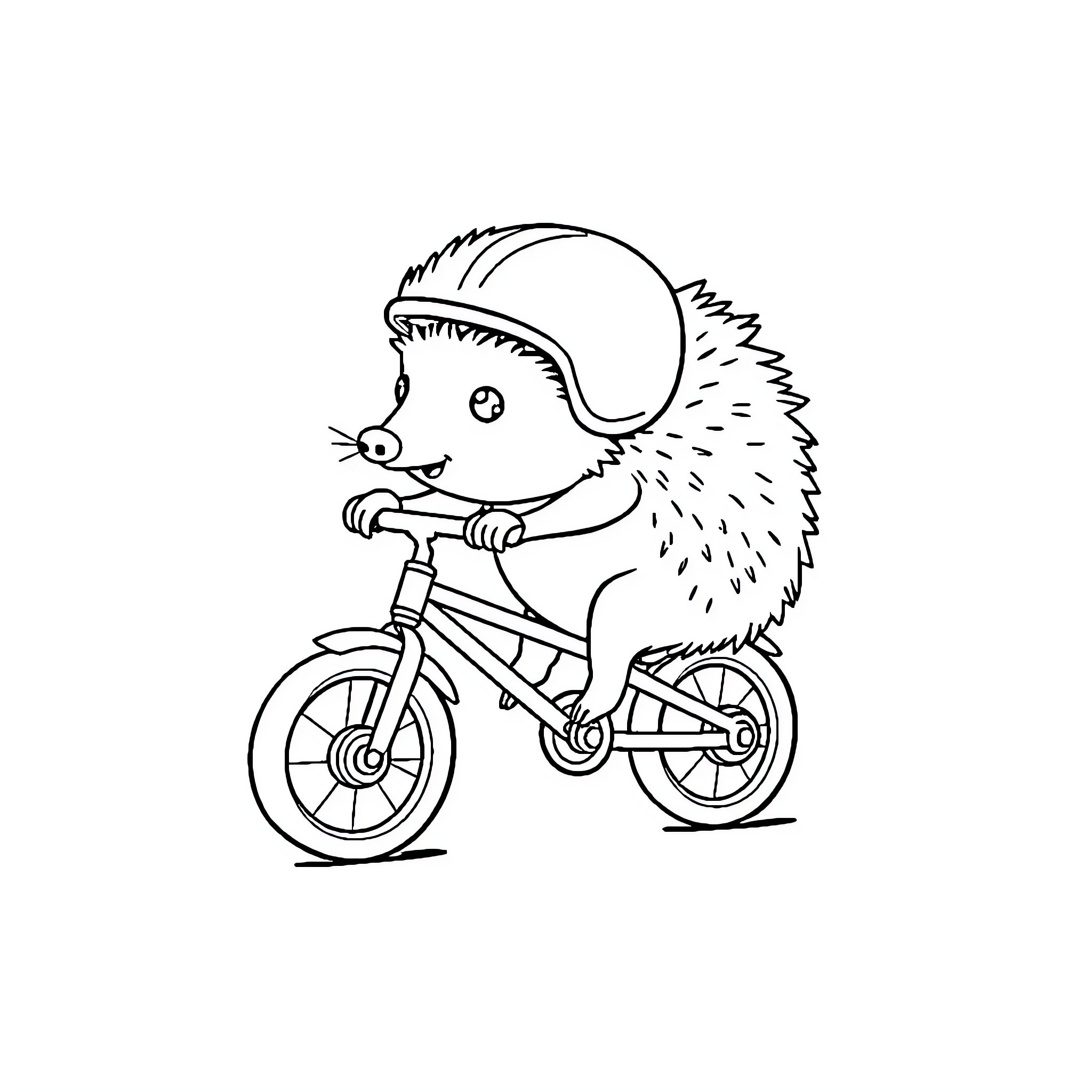 Hedgehog riding a bicycle happily Coloring Page (free black-and-white line drawing printable PDF for all, from beginners to advanced learners, including children, teens, adults, and seniors)