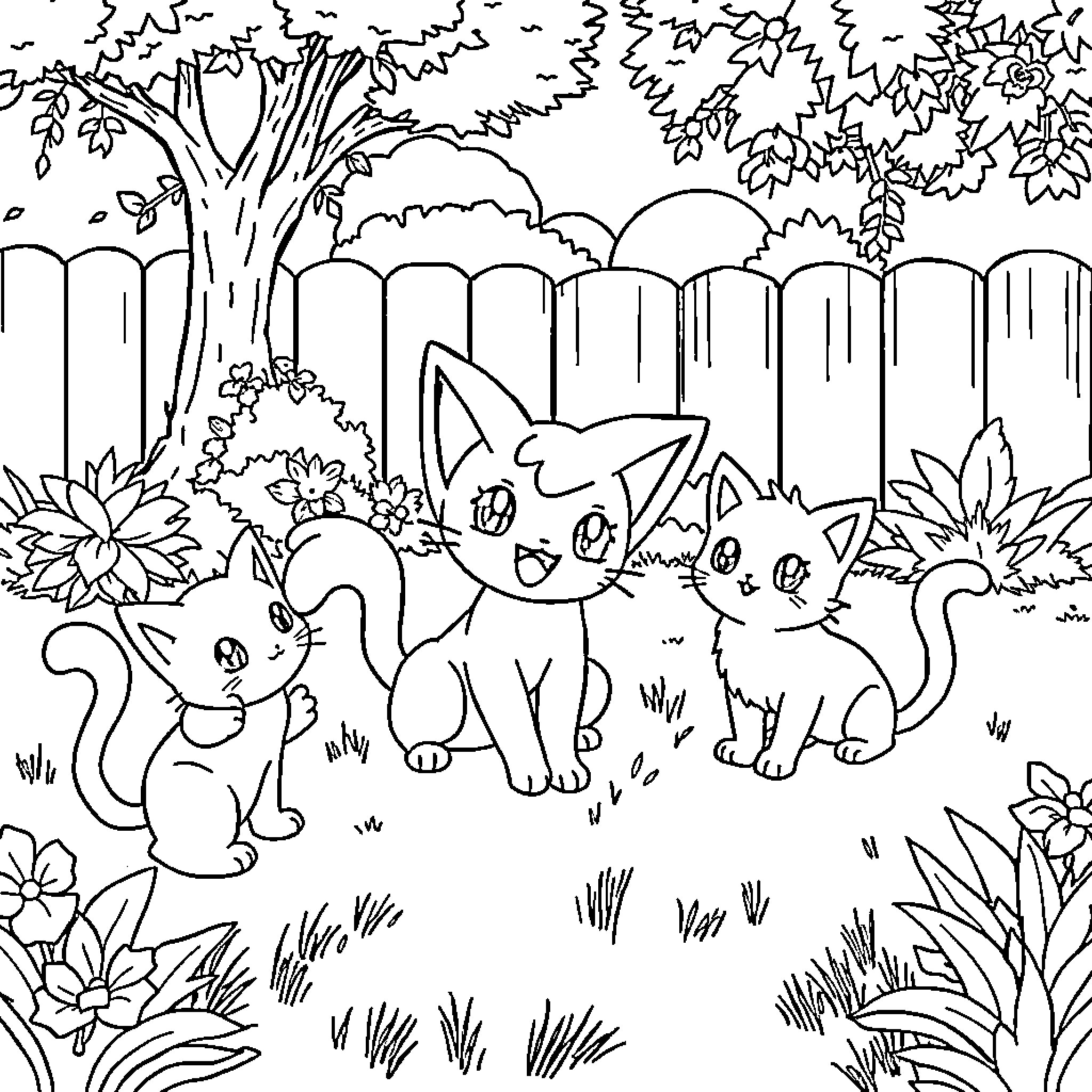 Mew kittens playing in the garden Coloring Page (free black-and-white line drawing printable PDF for all, from beginners to advanced learners, including children, teens, adults, and seniors)