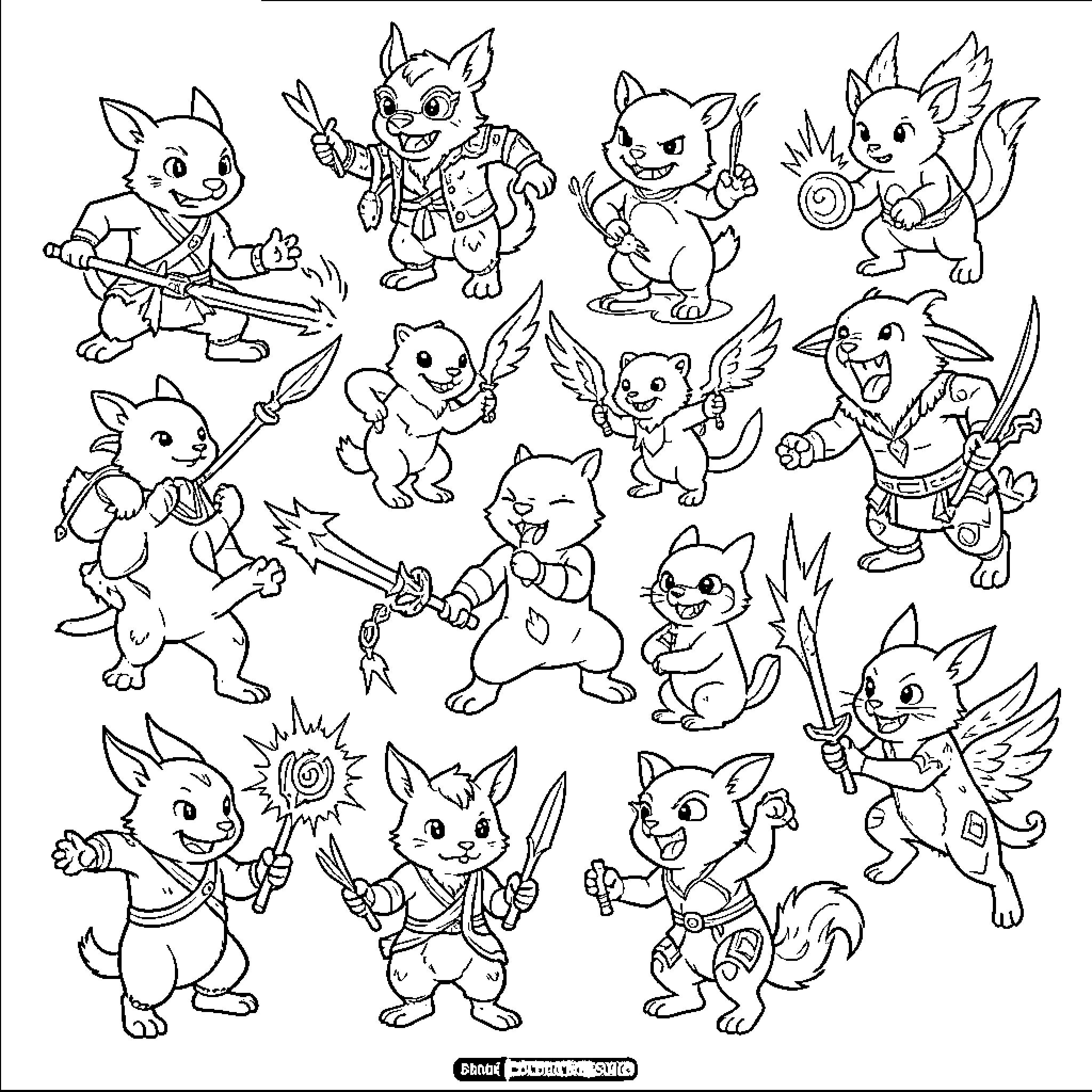 Pokémon characters performing various playful and heroic actions Coloring Page (free black-and-white line drawing printable PDF for all, from beginners to advanced learners, including children, teens, adults, and seniors)