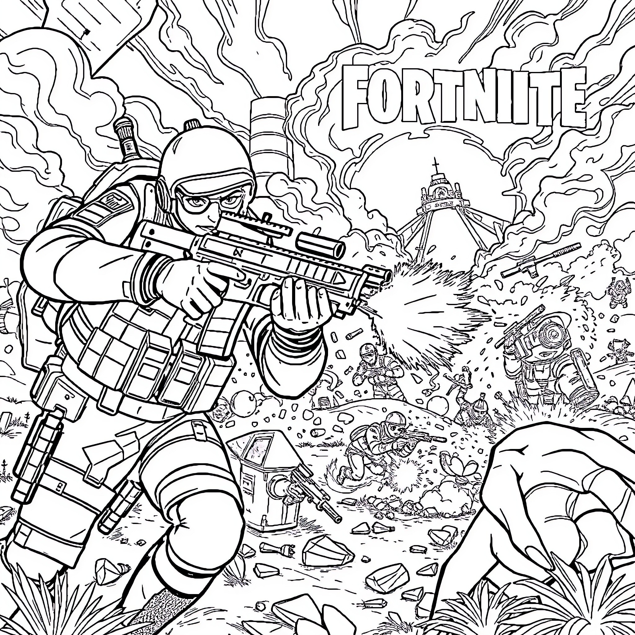 Call of Duty: Fortnite Battle Royale Action and Intensity Coloring Page (free black-and-white line drawing printable PDF for all, from beginners to advanced learners, including children, teens, adults, and seniors)