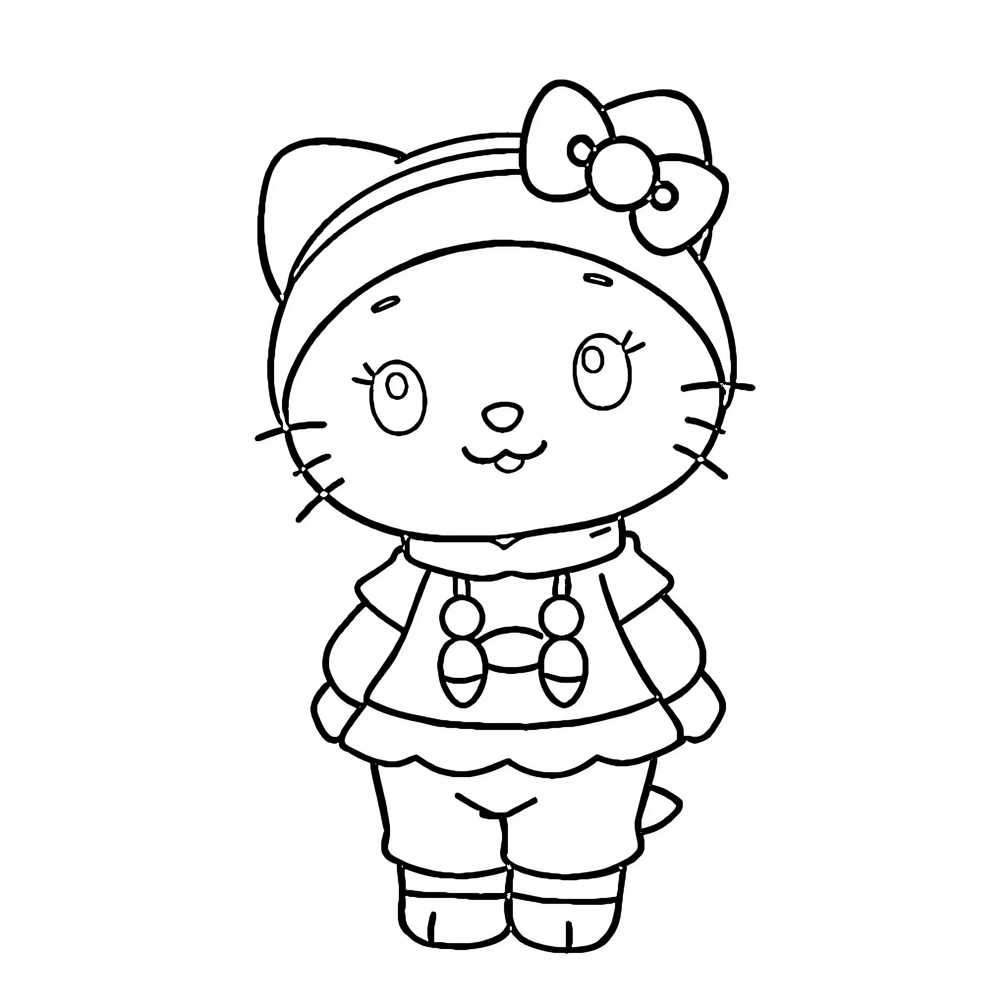 Hello Kitty in cute outfit Coloring Page (free black-and-white line drawing printable PDF for all, from beginners to advanced learners, including children, teens, adults, and seniors)