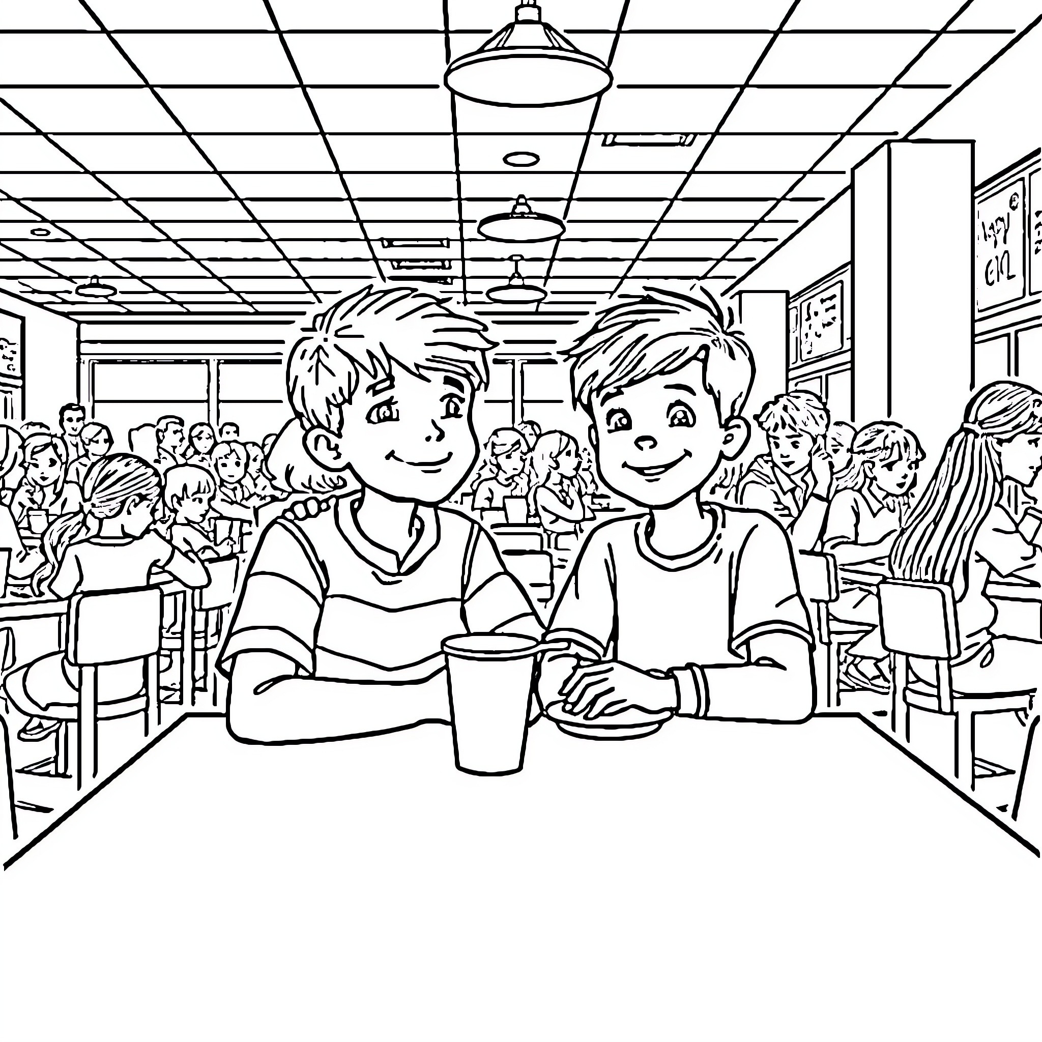 Boy and Friend Enjoying Snacks in a Cafeteria Coloring Page (free black-and-white line drawing printable PDF for all, from beginners to advanced learners, including children, teens, adults, and seniors)