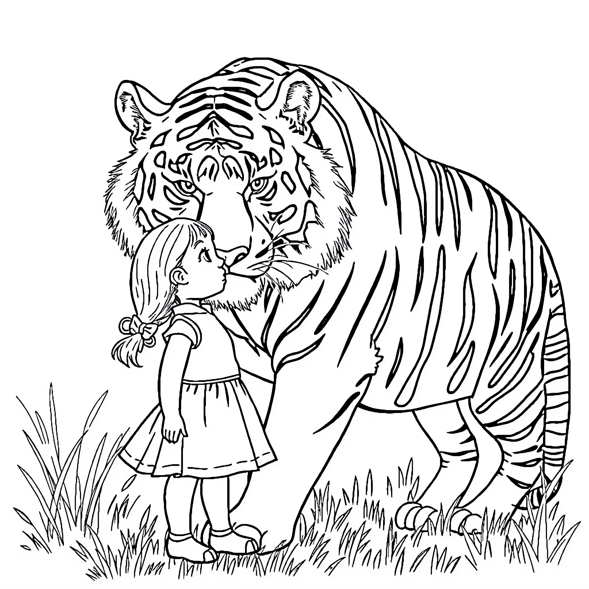 Girl befriends curious tiger in the wild Coloring Page (free black-and-white line drawing printable PDF for all, from beginners to advanced learners, including children, teens, adults, and seniors)