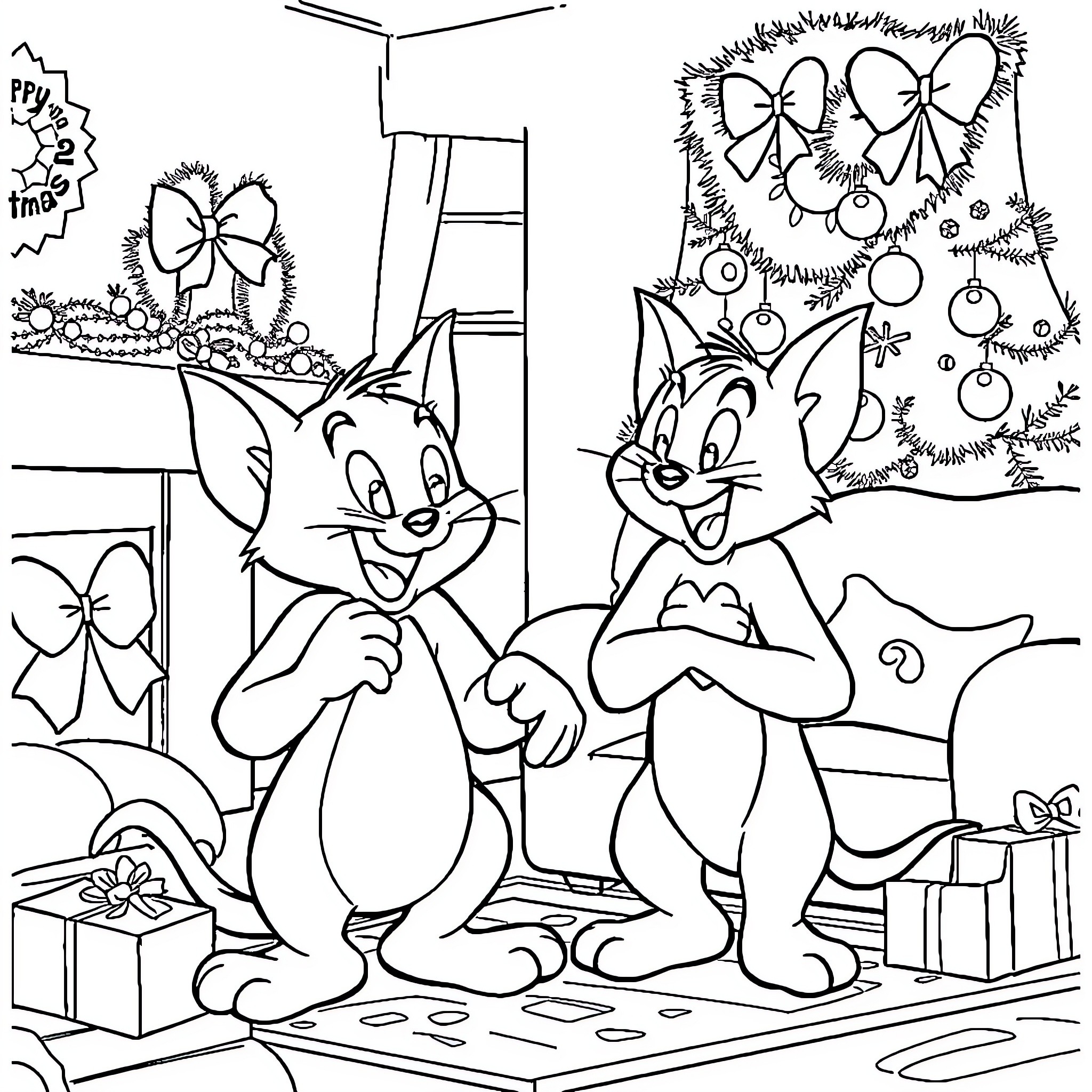 Tom and Jerry Celebrating Christmas with Gifts and Decorations Coloring Page (free black-and-white line drawing printable PDF for all, from beginners to advanced learners, including children, teens, adults, and seniors)