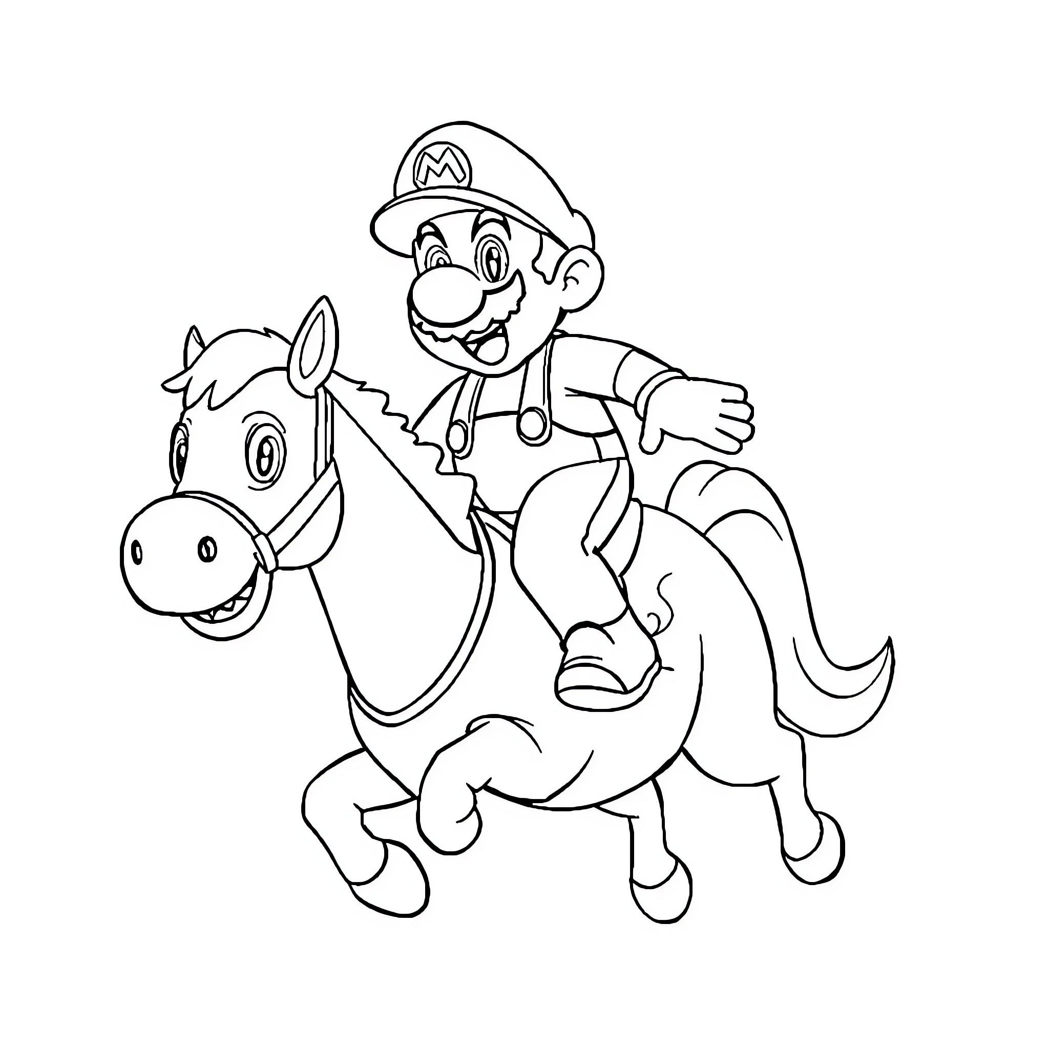 Super Mario riding a happy horse Coloring Page (free black-and-white line drawing printable PDF for all, from beginners to advanced learners, including children, teens, adults, and seniors)