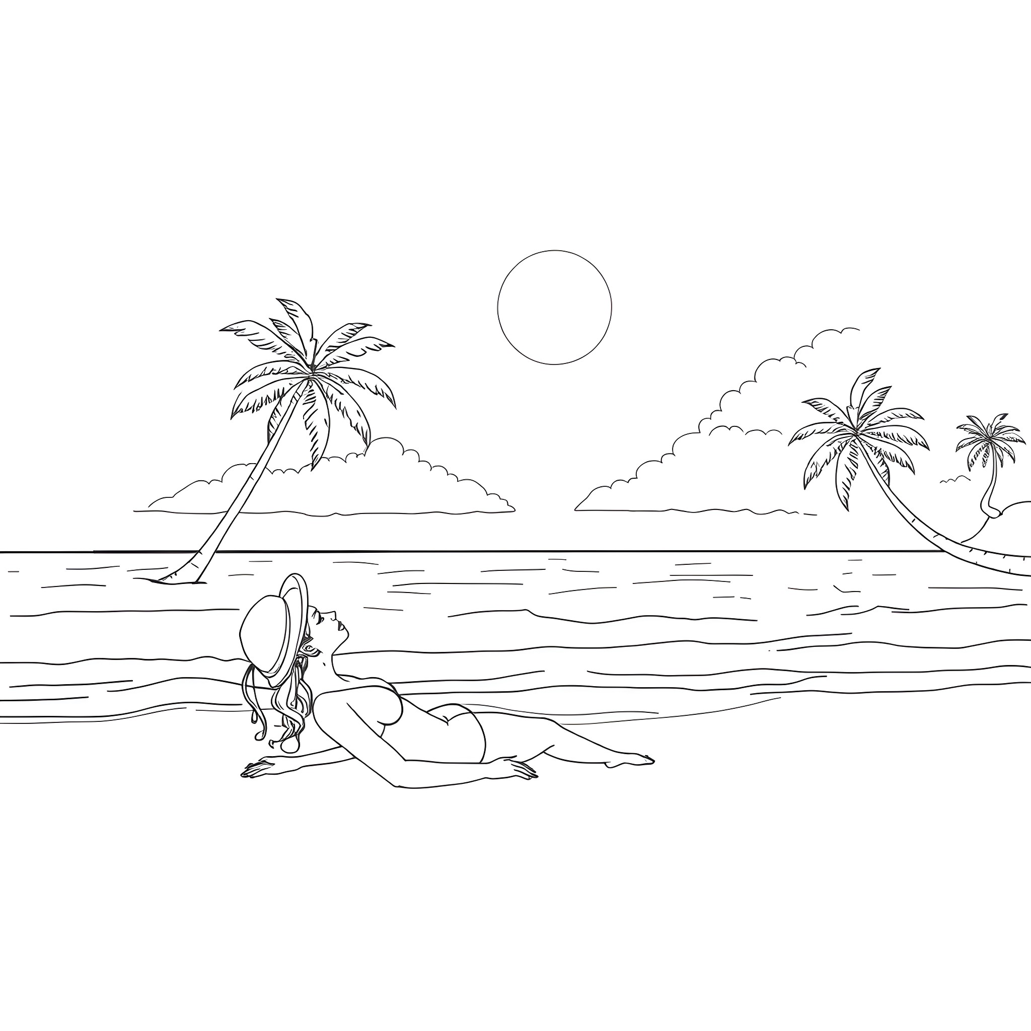 Woman relaxing on beach with palm trees Coloring Page (free black-and-white line drawing printable PDF for all, from beginners to advanced learners, including children, teens, adults, and seniors)