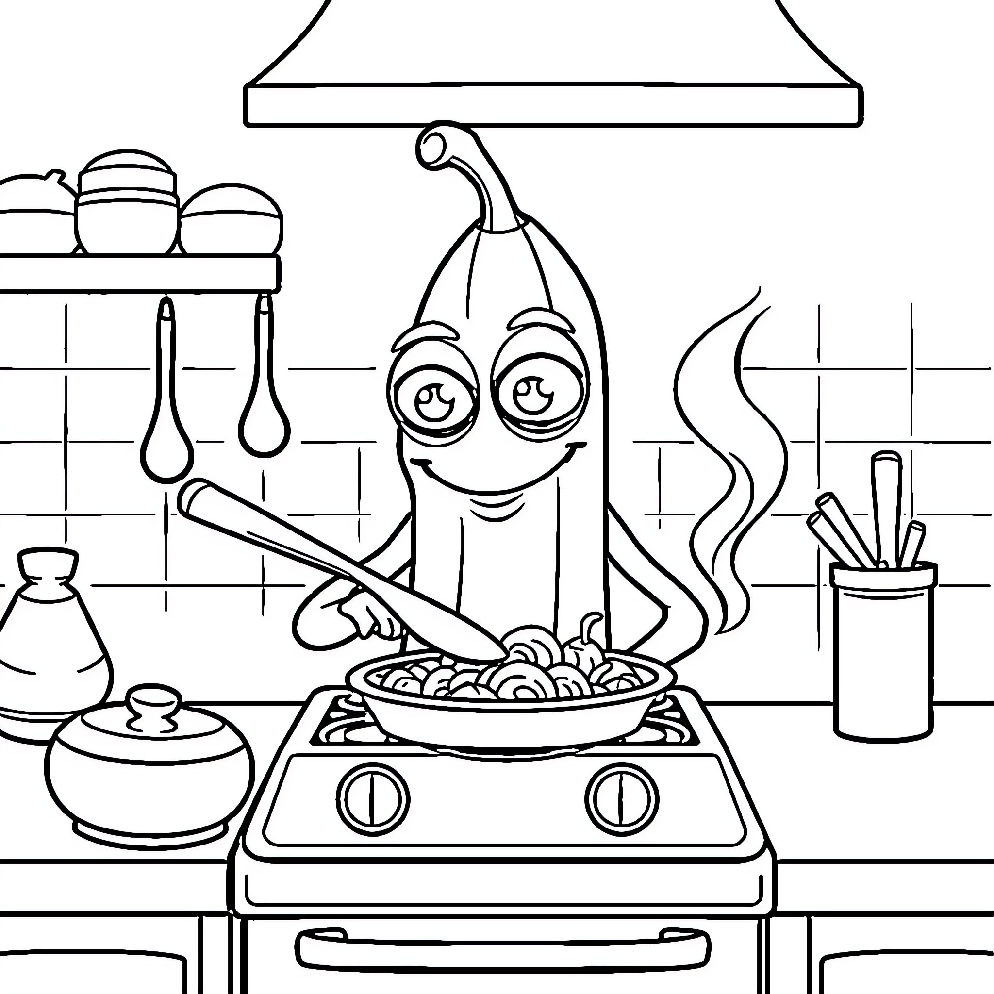 Alien cooking a delicious meal in the kitchen Coloring Page (free black-and-white line drawing printable PDF for all, from beginners to advanced learners, including children, teens, adults, and seniors)