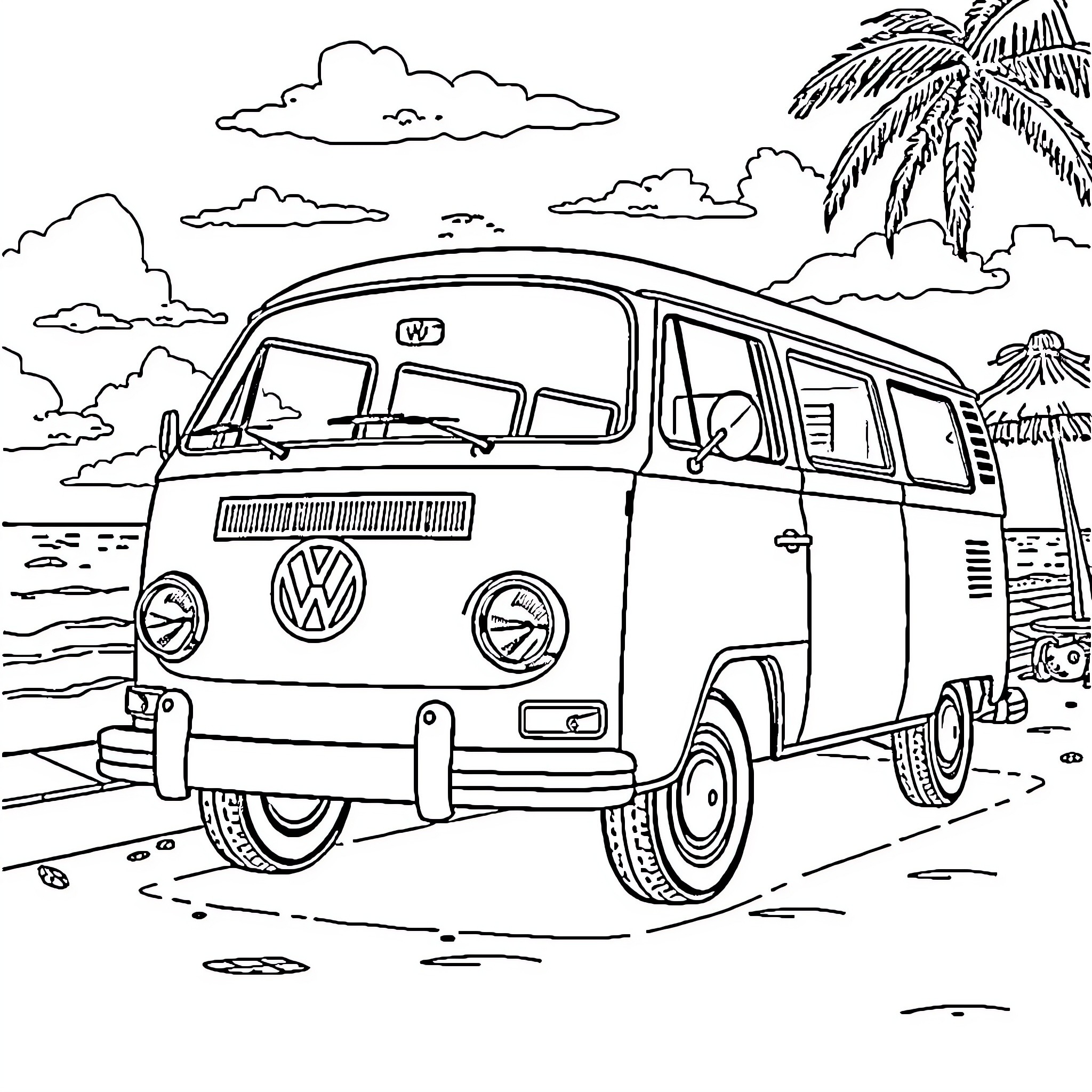 Volkswagen van on tropical beach landscape Coloring Page (free black-and-white line drawing printable PDF for all, from beginners to advanced learners, including children, teens, adults, and seniors)