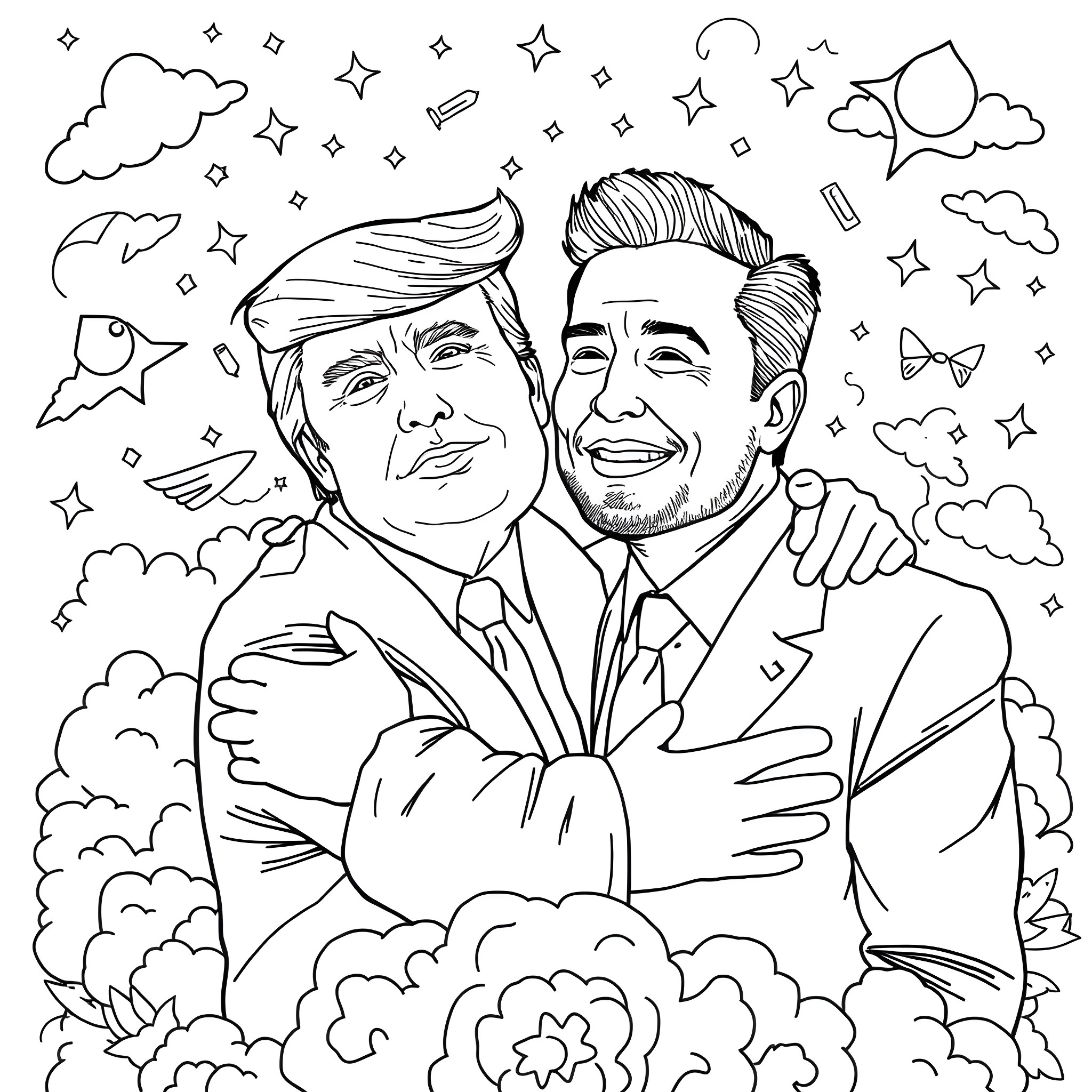 Trump and Supporters Celebrating Victory in Clouds Coloring Page (free black-and-white line drawing printable PDF for all, from beginners to advanced learners, including children, teens, adults, and seniors)