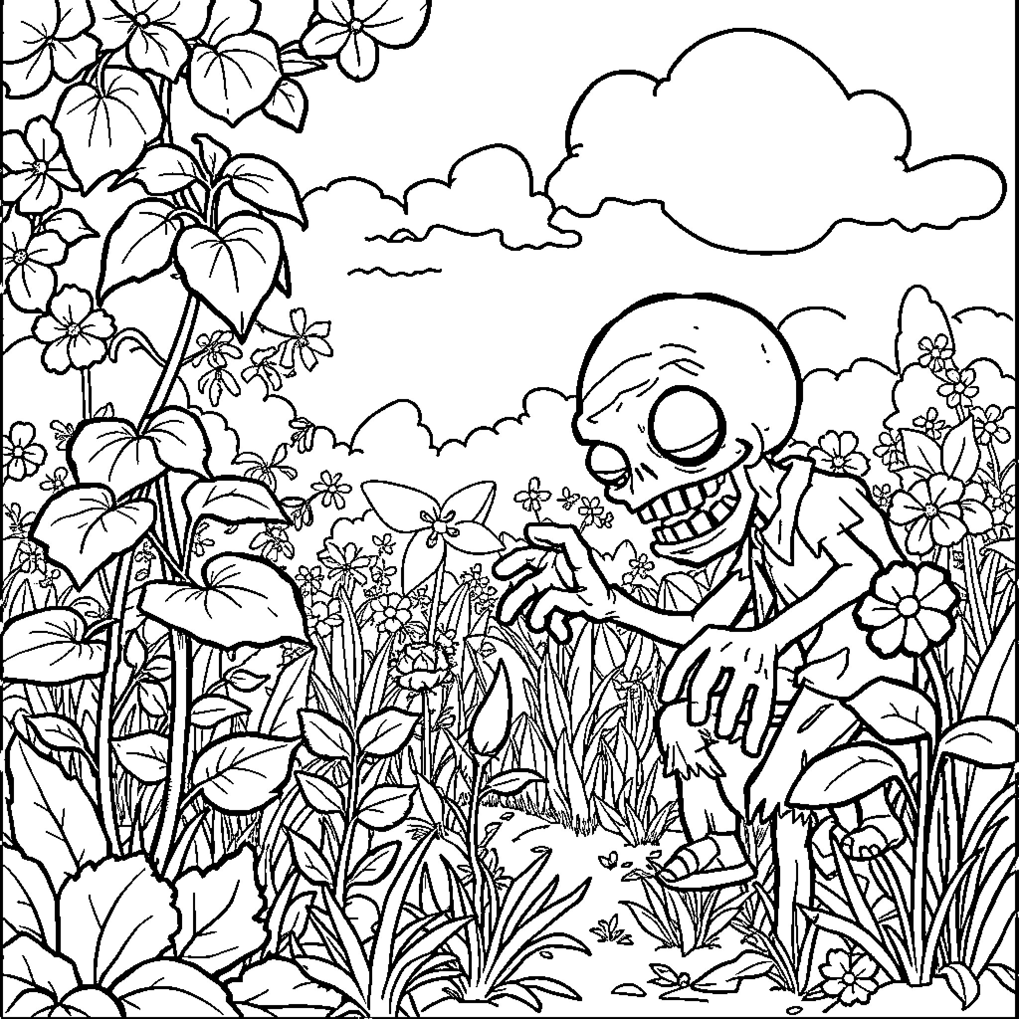 Plants vs. Zombies - Zombie in Floral Garden Coloring Page (free black-and-white line drawing printable PDF for all, from beginners to advanced learners, including children, teens, adults, and seniors)