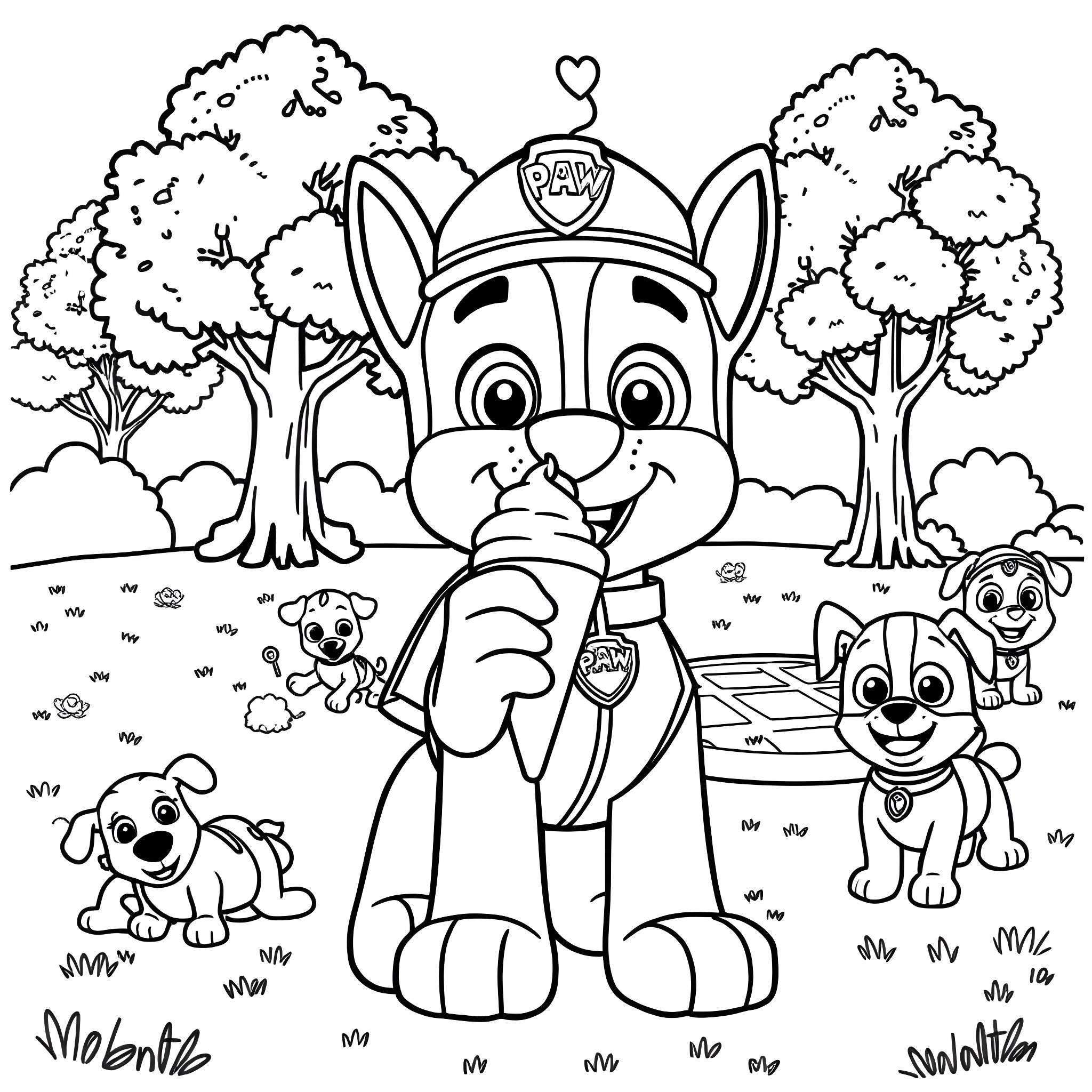 Chase the pup and friends in the park Coloring Page (free black-and-white line drawing printable PDF for all, from beginners to advanced learners, including children, teens, adults, and seniors)