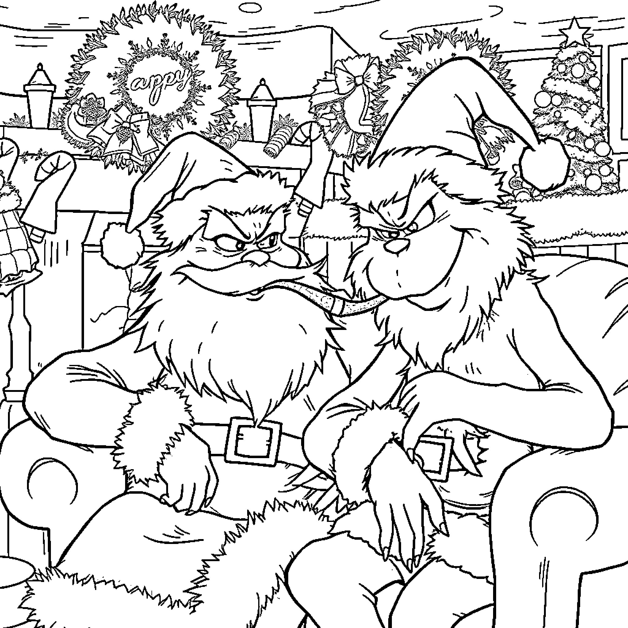 Grinch steals Christmas with a mischievous grin Coloring Page (free black-and-white line drawing printable PDF for all, from beginners to advanced learners, including children, teens, adults, and seniors)