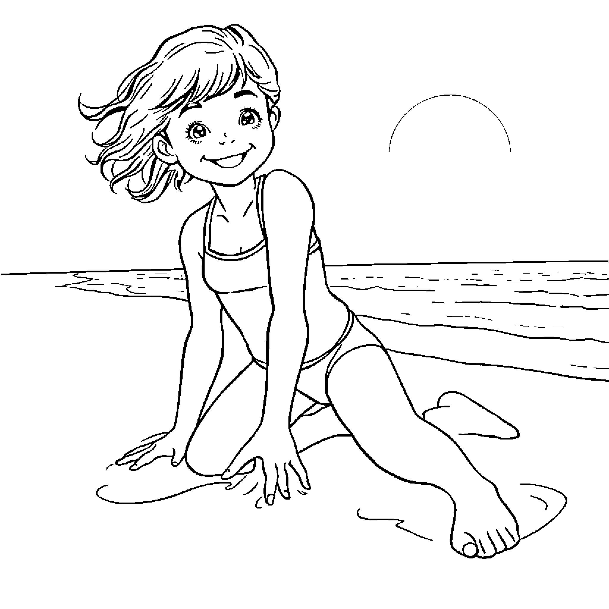 Girl playing happily on the beach Coloring Page (free black-and-white line drawing printable PDF for all, from beginners to advanced learners, including children, teens, adults, and seniors)