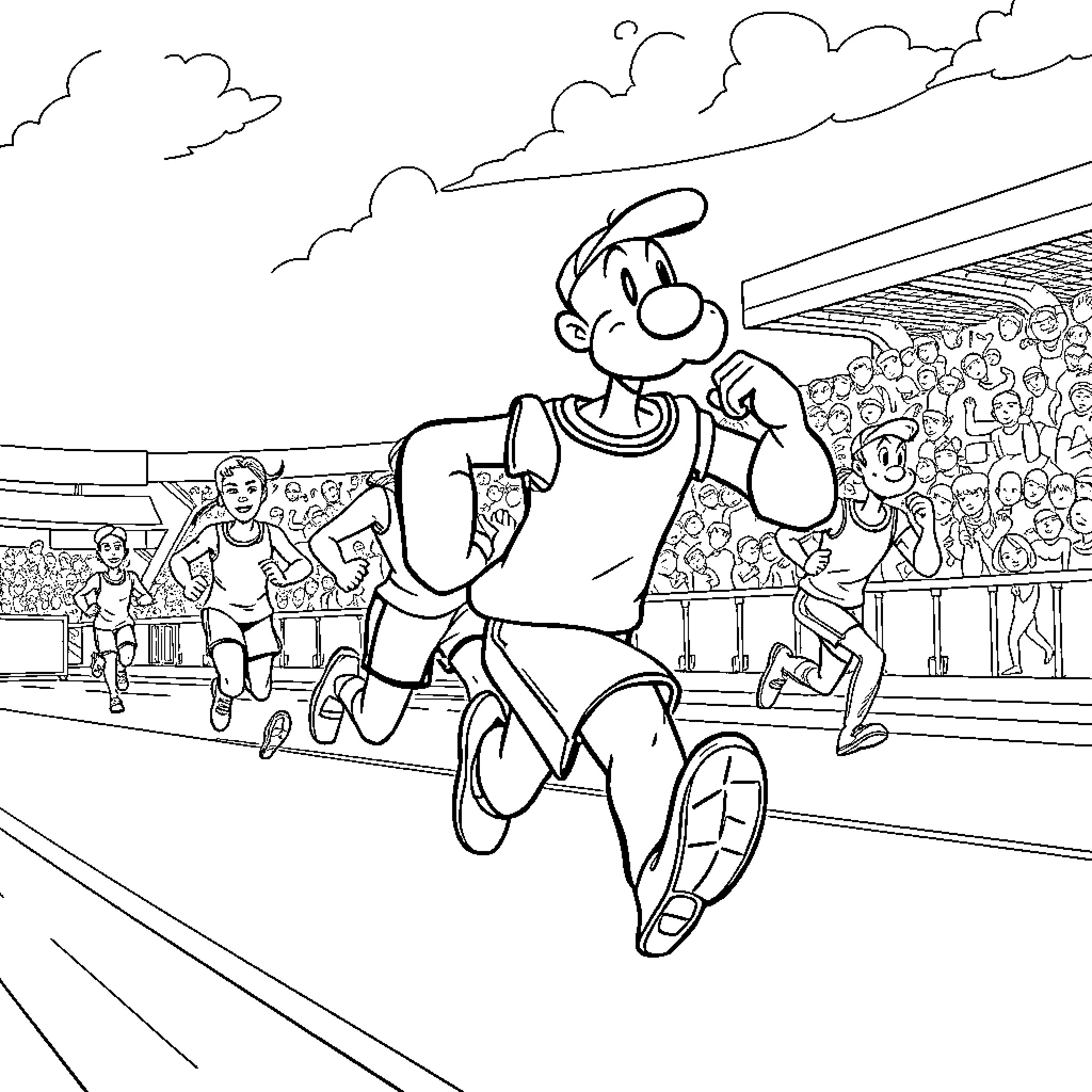 Popeye running in a track and field event Coloring Page (free black-and-white line drawing printable PDF for all, from beginners to advanced learners, including children, teens, adults, and seniors)