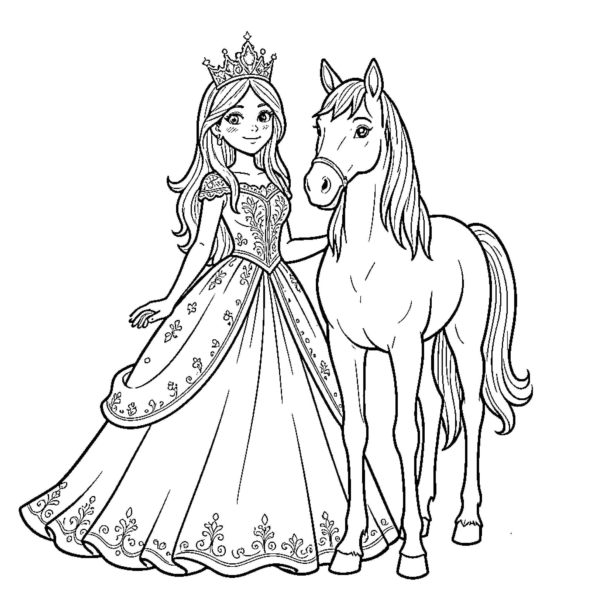 Horse and Princess in Regal Attire Coloring Page (free black-and-white line drawing printable PDF for all, from beginners to advanced learners, including children, teens, adults, and seniors)