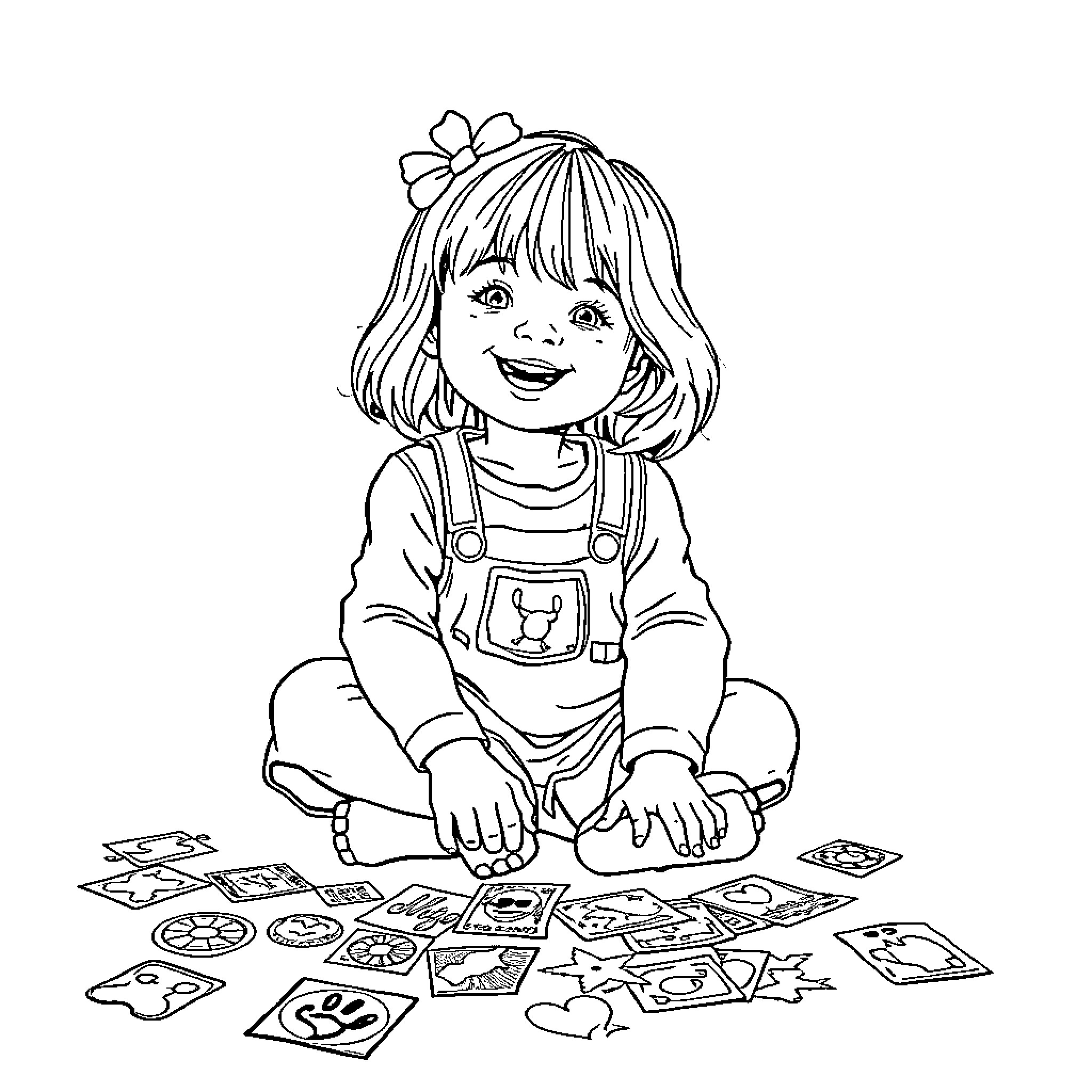 Girl playing with colorful cards on the floor Coloring Page (free black-and-white line drawing printable PDF for all, from beginners to advanced learners, including children, teens, adults, and seniors)