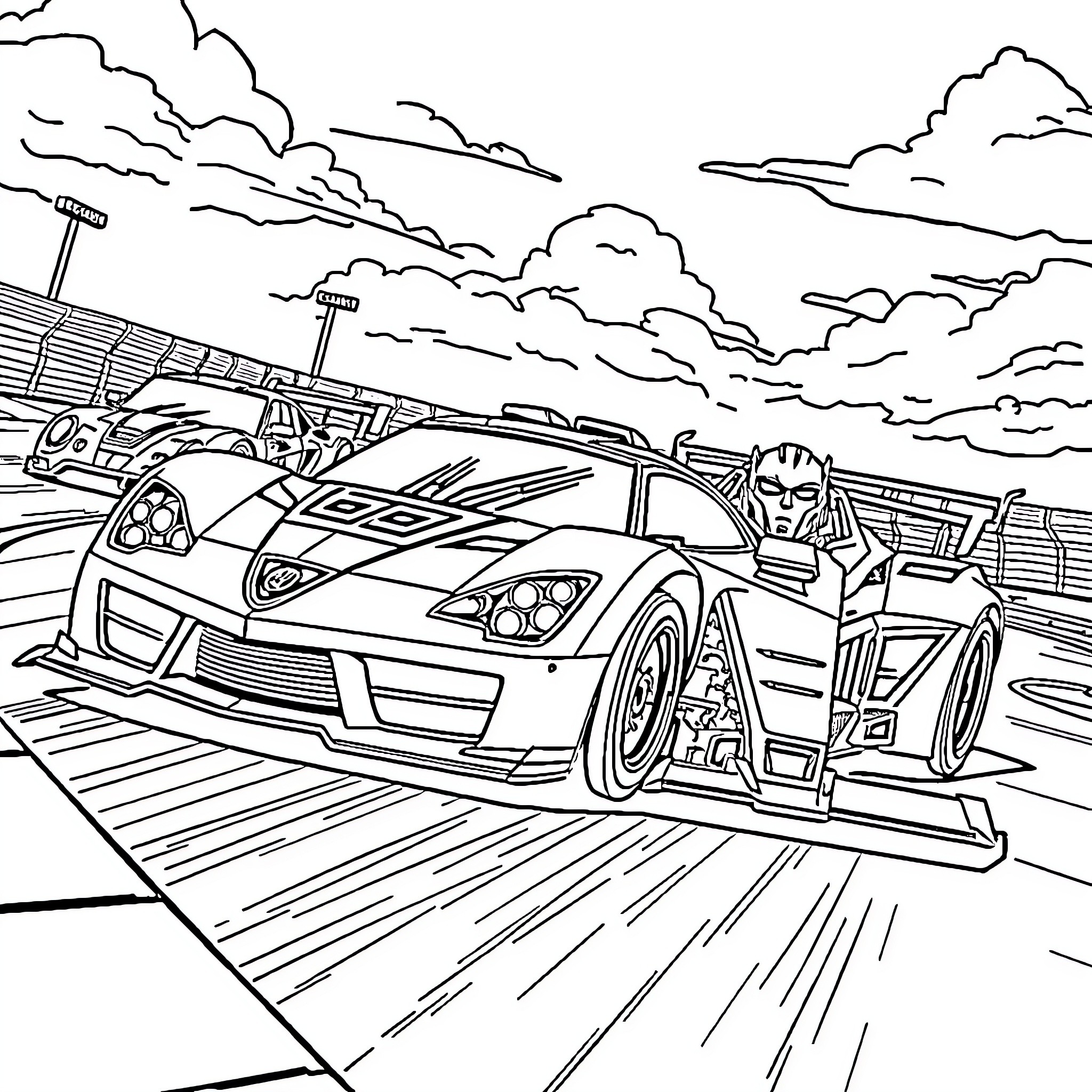 Transformers racing on a futuristic highway Coloring Page (free black-and-white line drawing printable PDF for all, from beginners to advanced learners, including children, teens, adults, and seniors)