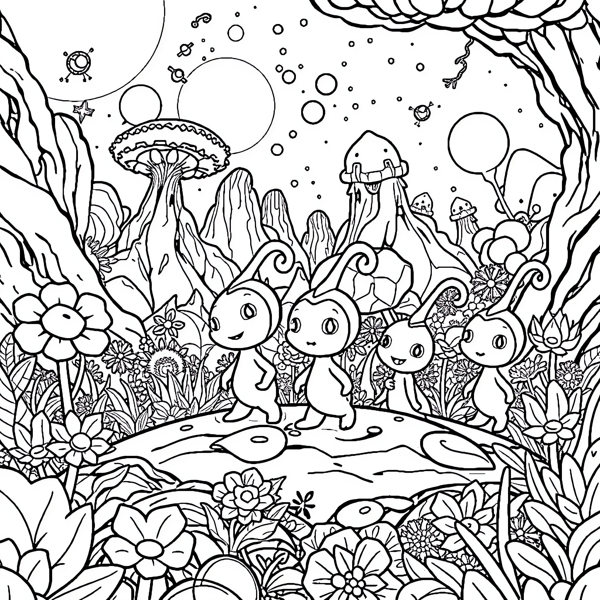 Pikmin exploring whimsical fantasy landscape Coloring Page (free black-and-white line drawing printable PDF for all, from beginners to advanced learners, including children, teens, adults, and seniors)