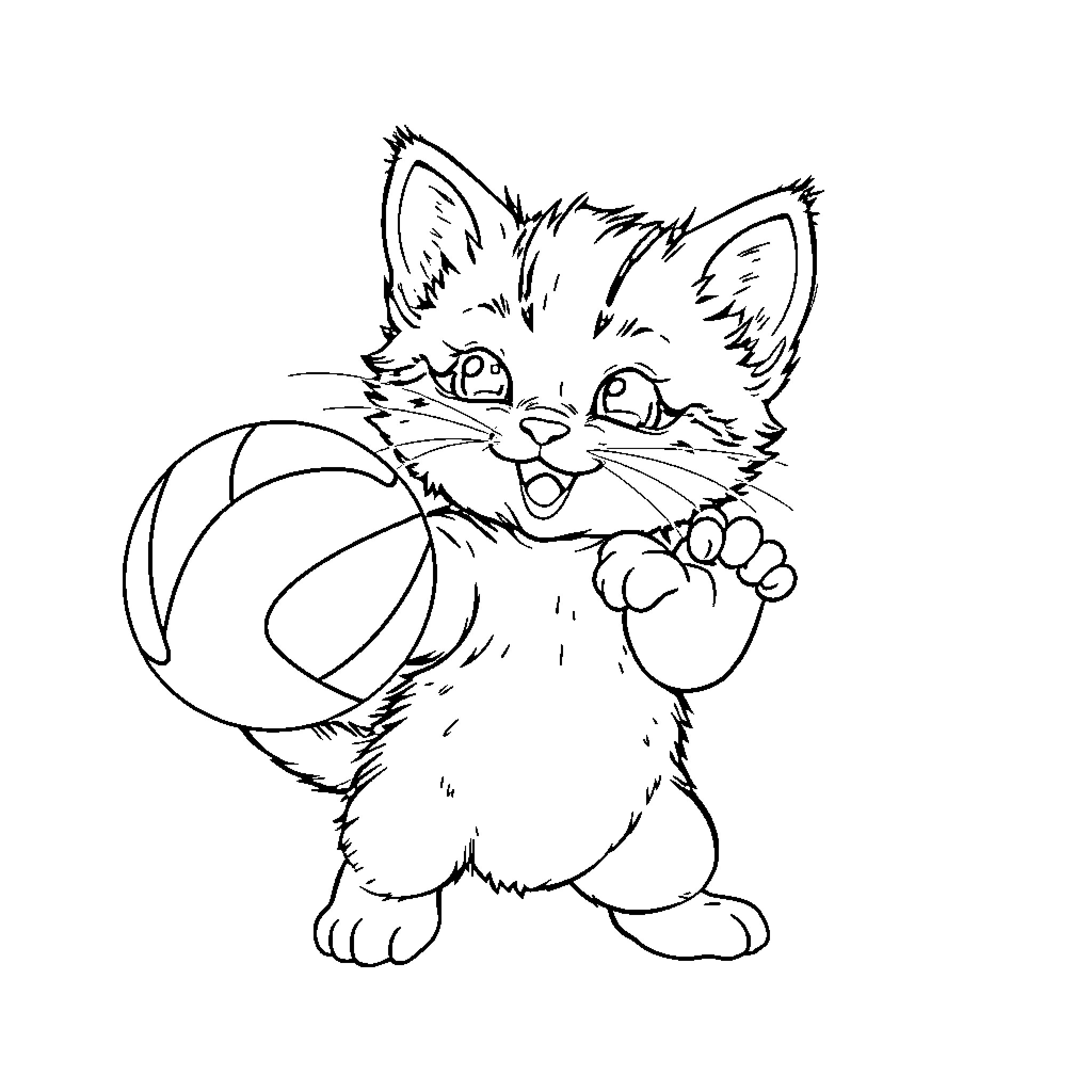 Kitten playing joyfully with a ball Coloring Page (free black-and-white line drawing printable PDF for all, from beginners to advanced learners, including children, teens, adults, and seniors)