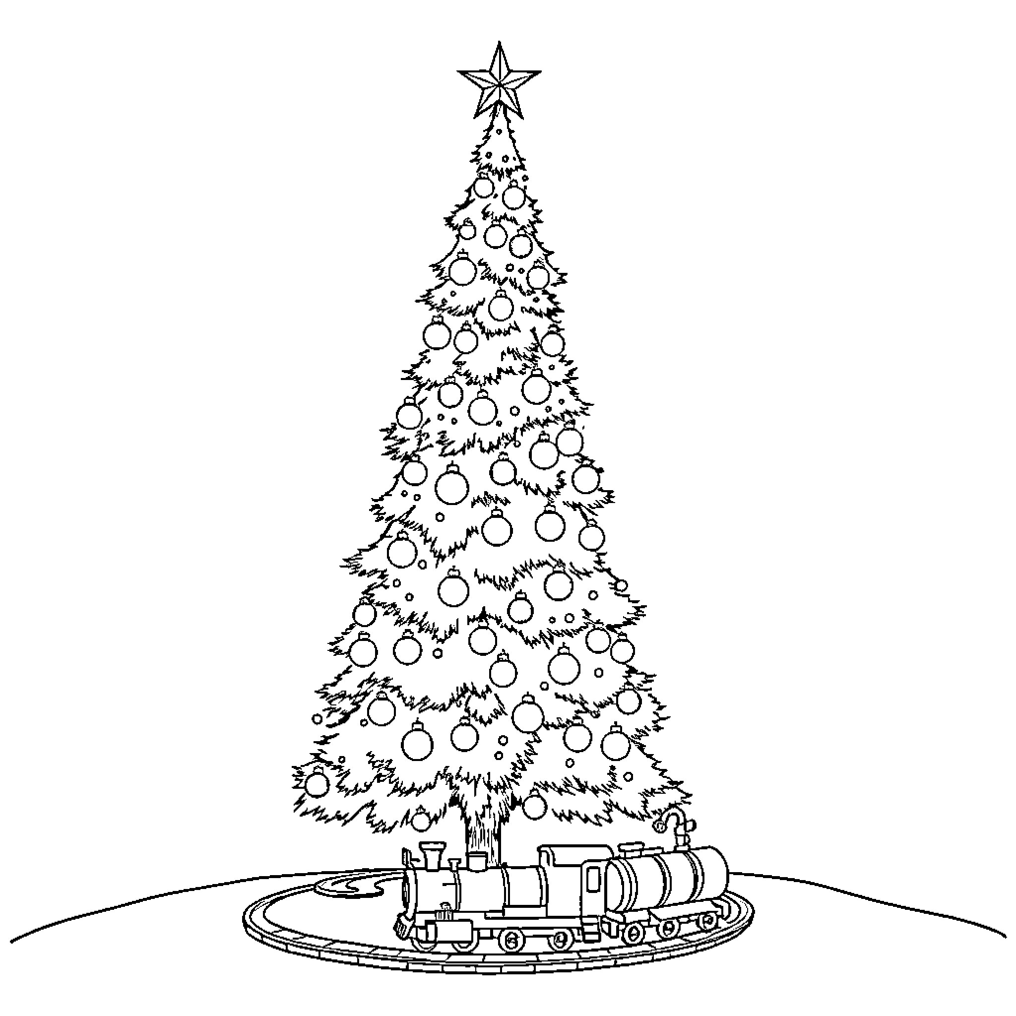 Christmas Tree with Toy Train around its Base Coloring Page (free black-and-white line drawing printable PDF for all, from beginners to advanced learners, including children, teens, adults, and seniors)