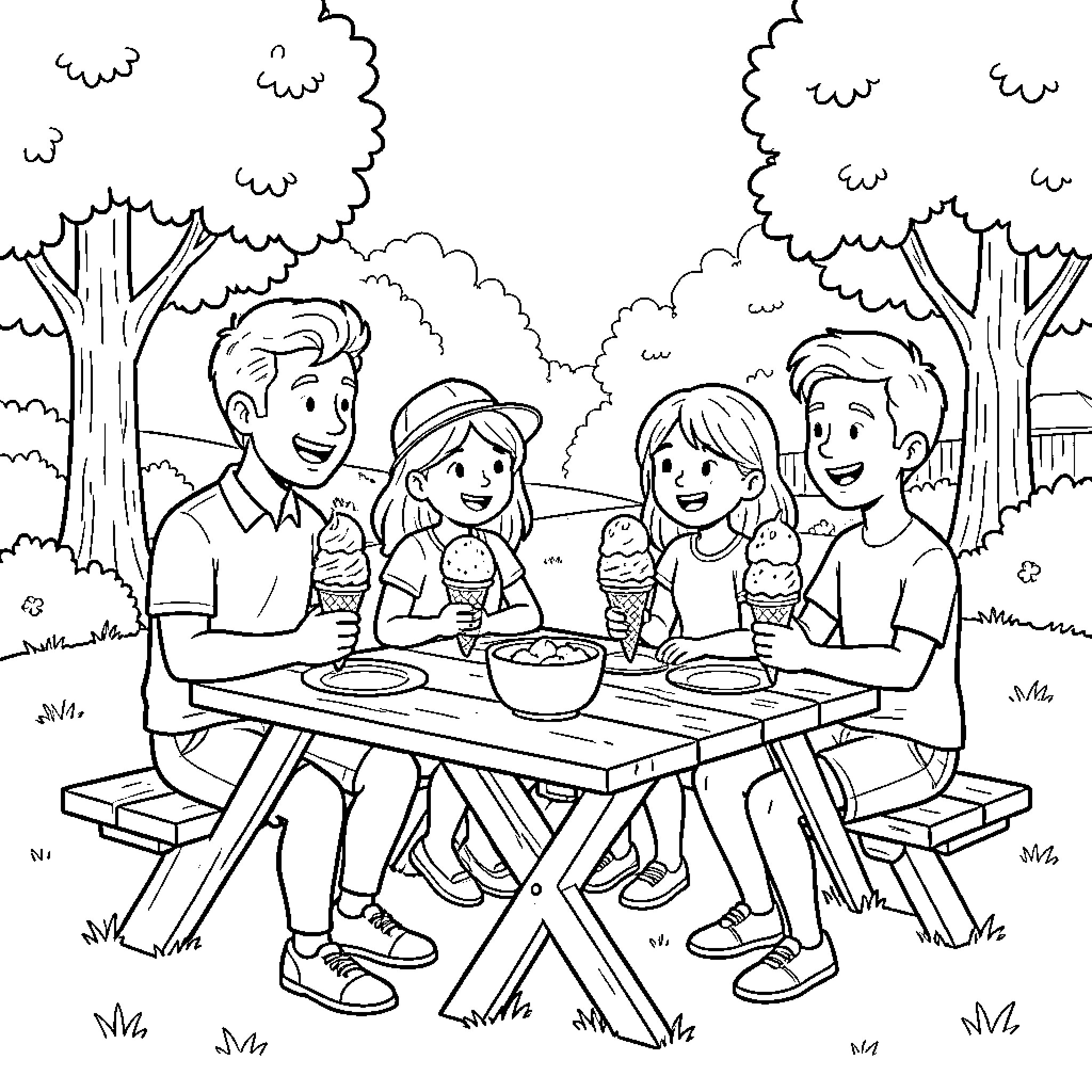Family enjoying ice cream treats at a picnic table Coloring Page (free black-and-white line drawing printable PDF for all, from beginners to advanced learners, including children, teens, adults, and seniors)