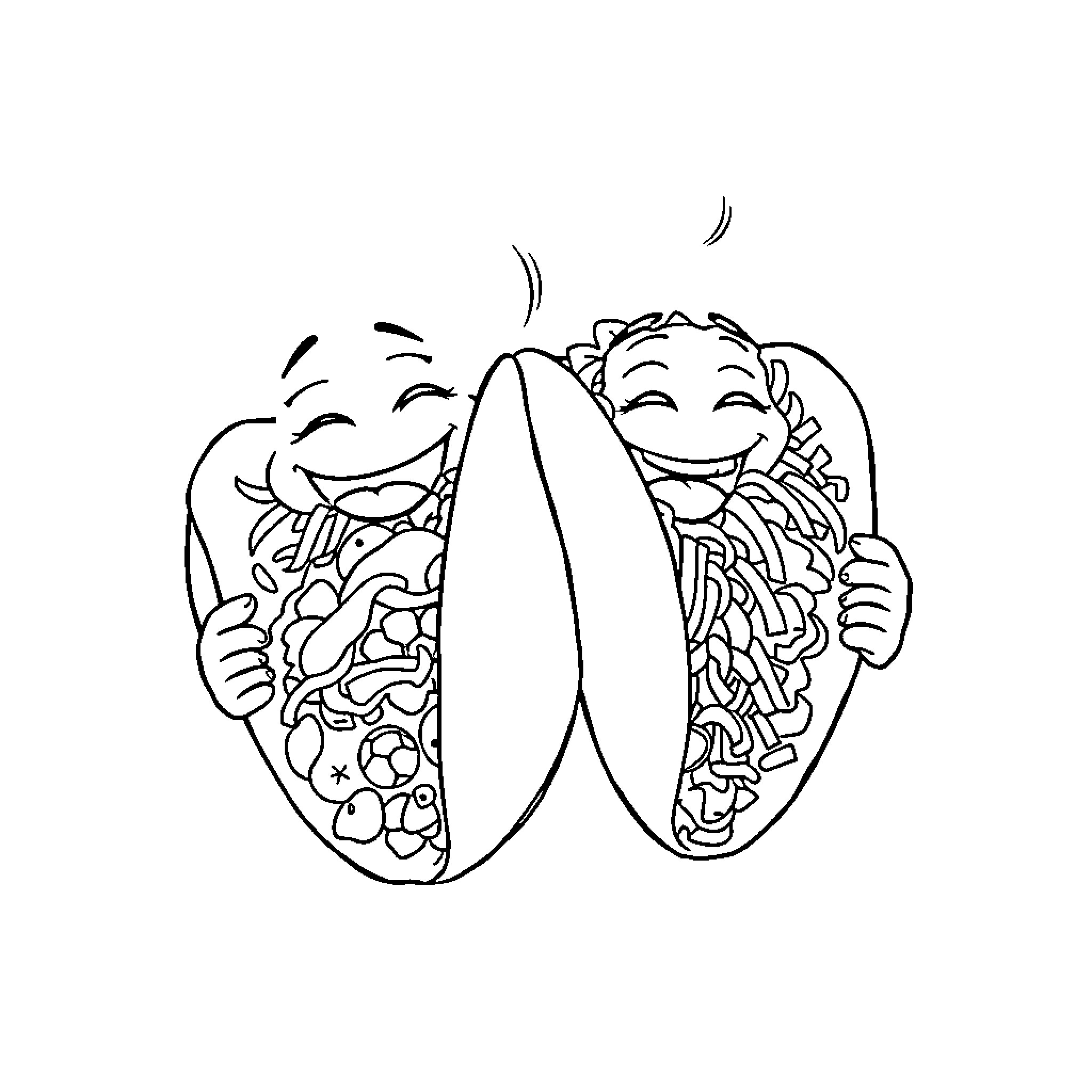 Taco-licious Delight: Two Happy Tacos Embrace Coloring Page (free black-and-white line drawing printable PDF for all, from beginners to advanced learners, including children, teens, adults, and seniors)