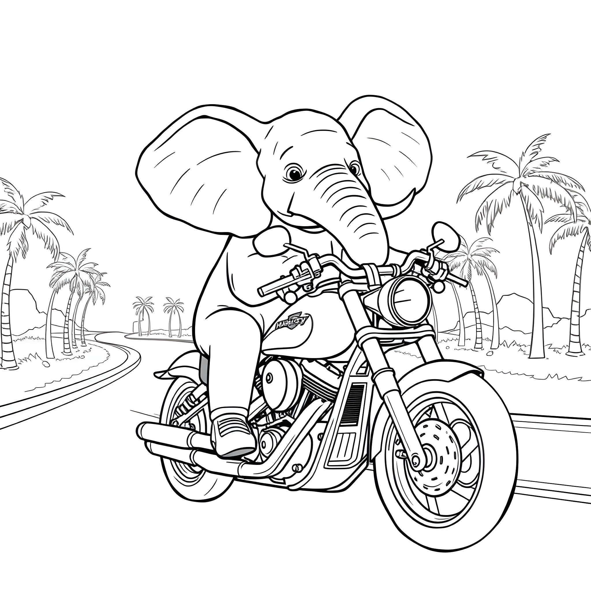 Elephant riding a motorcycle through the tropics Coloring Page (free black-and-white line drawing printable PDF for all, from beginners to advanced learners, including children, teens, adults, and seniors)