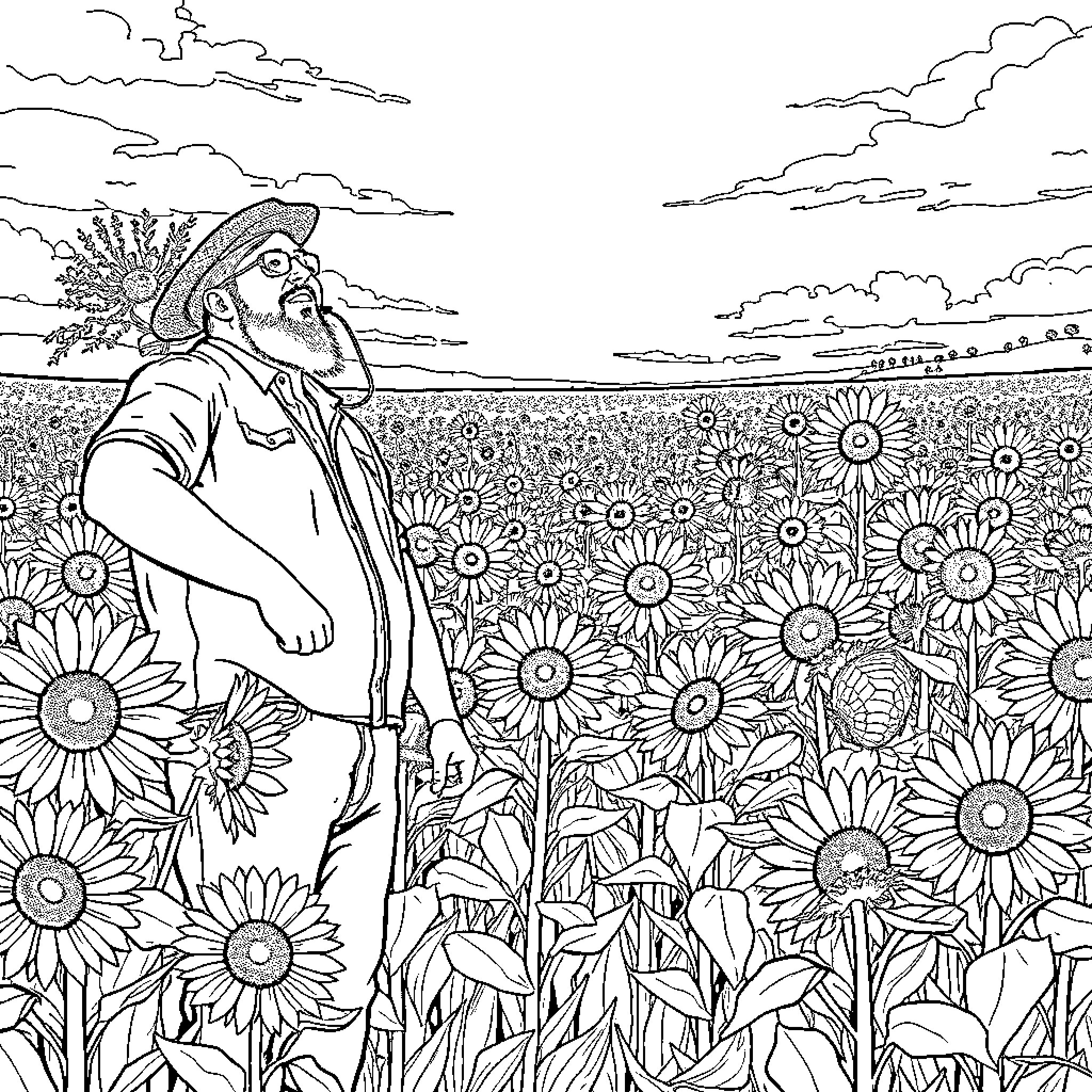 Luke Combs walking through a field of sunflowers Coloring Page (free black-and-white line drawing printable PDF for all, from beginners to advanced learners, including children, teens, adults, and seniors)
