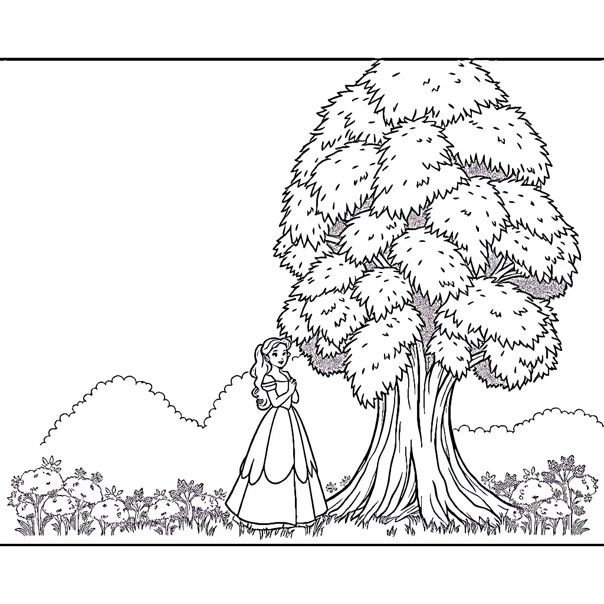 Belle in the Enchanted Forest Coloring Page (free black-and-white line drawing printable PDF for all, from beginners to advanced learners, including children, teens, adults, and seniors)